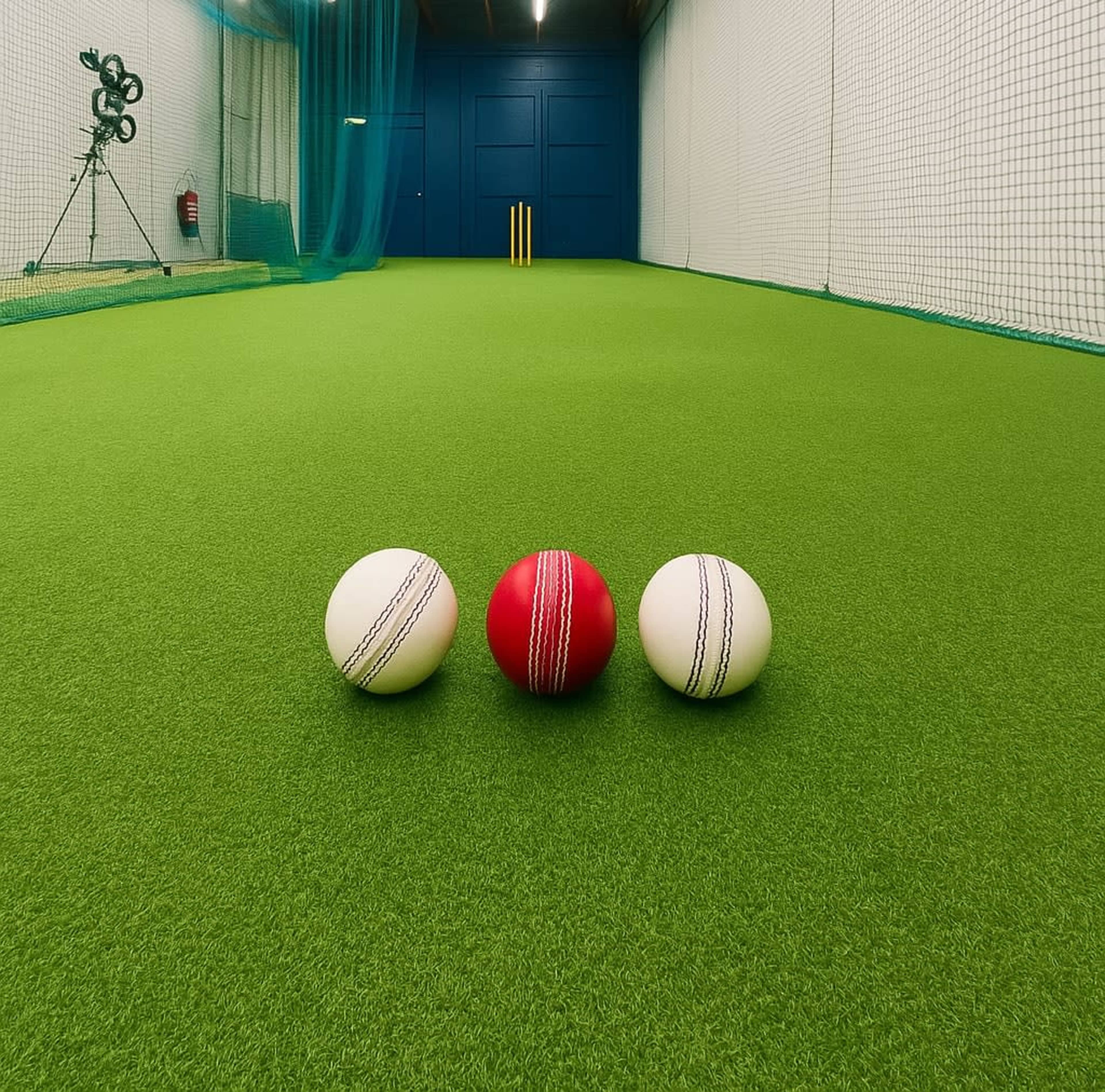 Three cricket balls—two white and one red—are positioned on a green artificial turf cricket practice area.