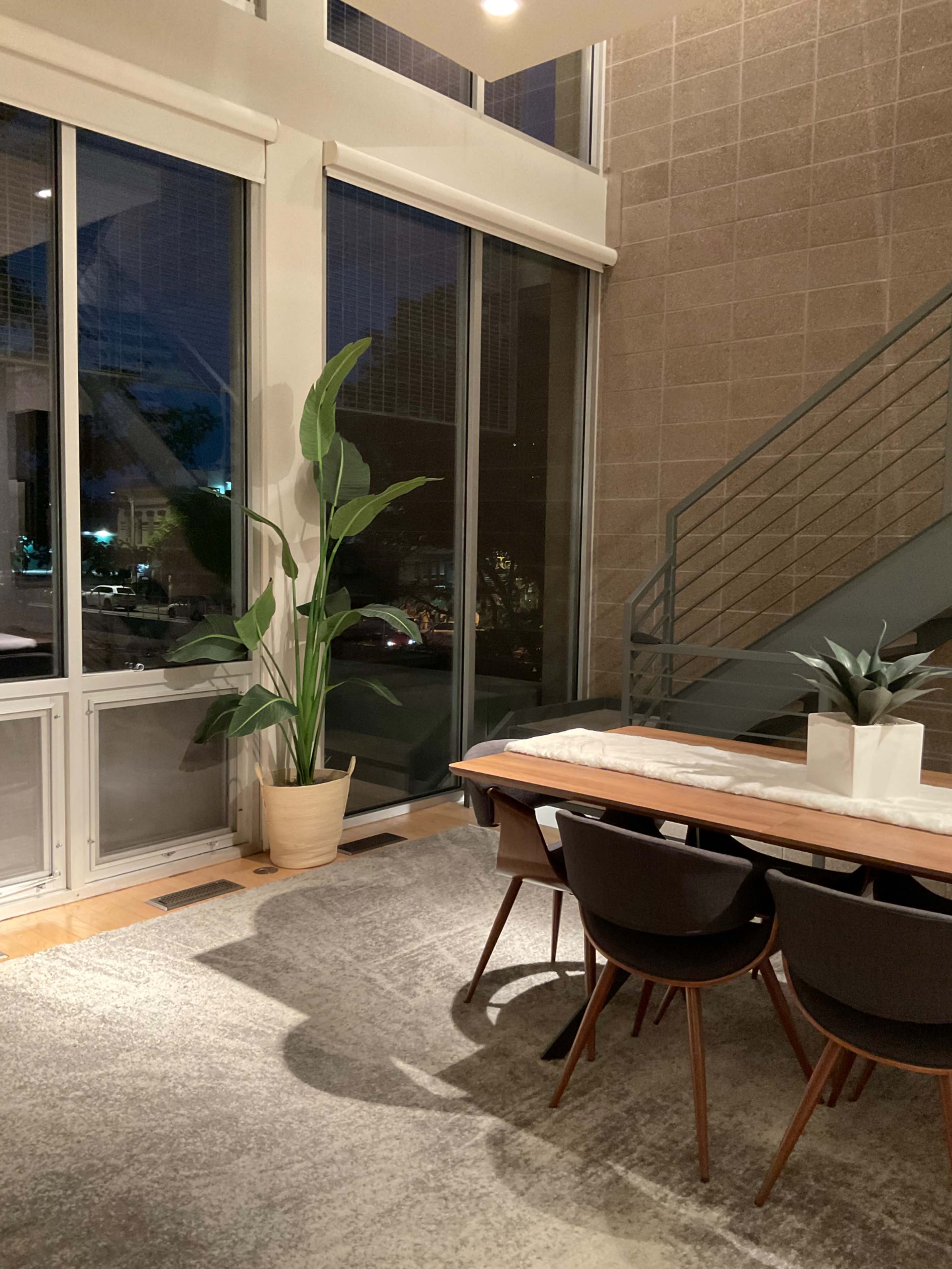 A dining area features a wooden table with chairs, large windows letting in nighttime light, and a tall potted plant in the corner.