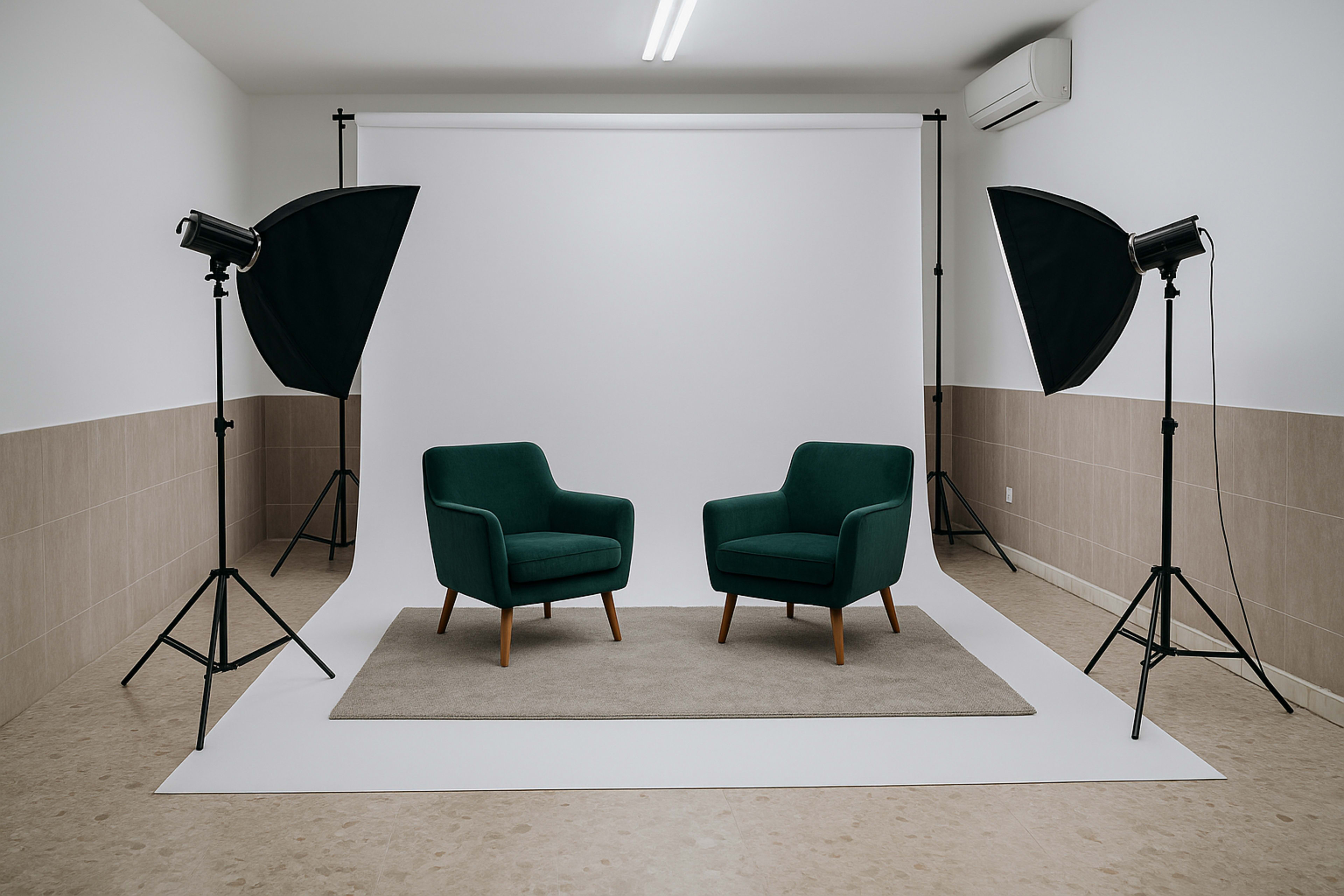The image shows a photography studio setup with two green chairs on a light gray rug, framed by softbox lights and a plain white backdrop.