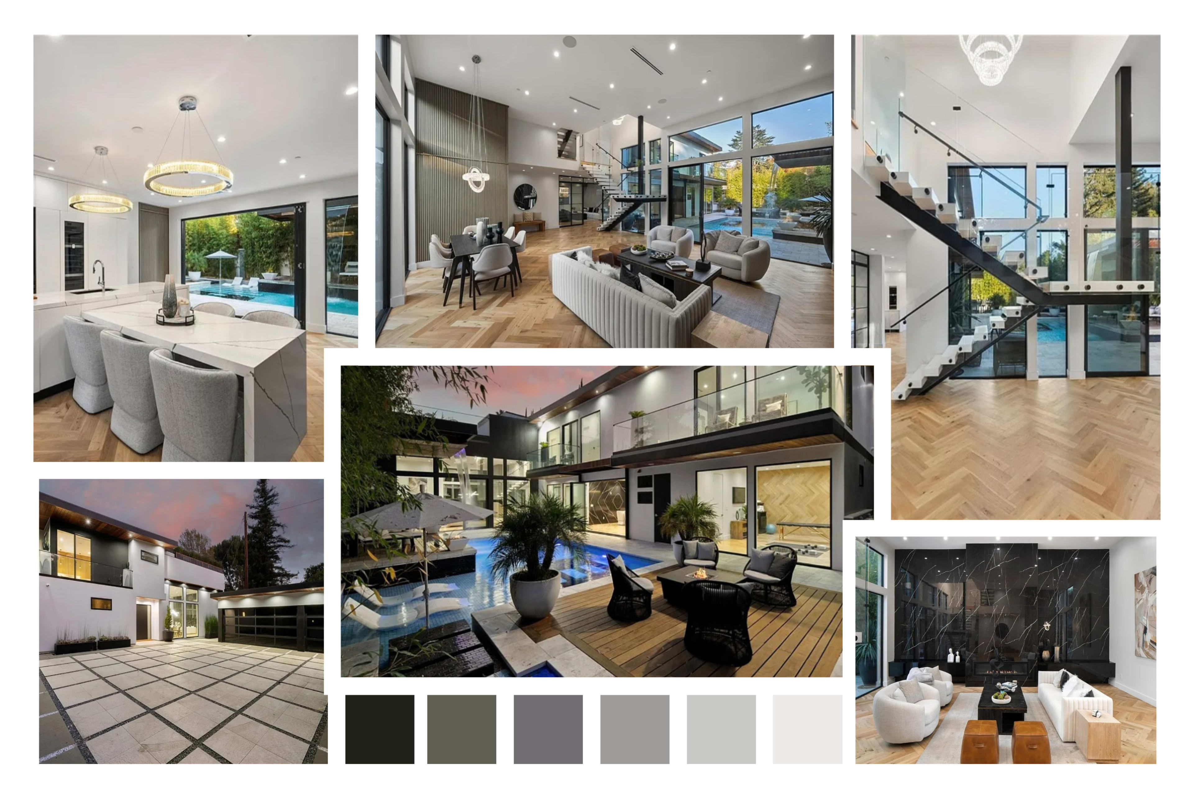 The image showcases a modern luxury home featuring large windows, open living spaces, a swimming pool, and a stylish interior design with elegant furnishings.