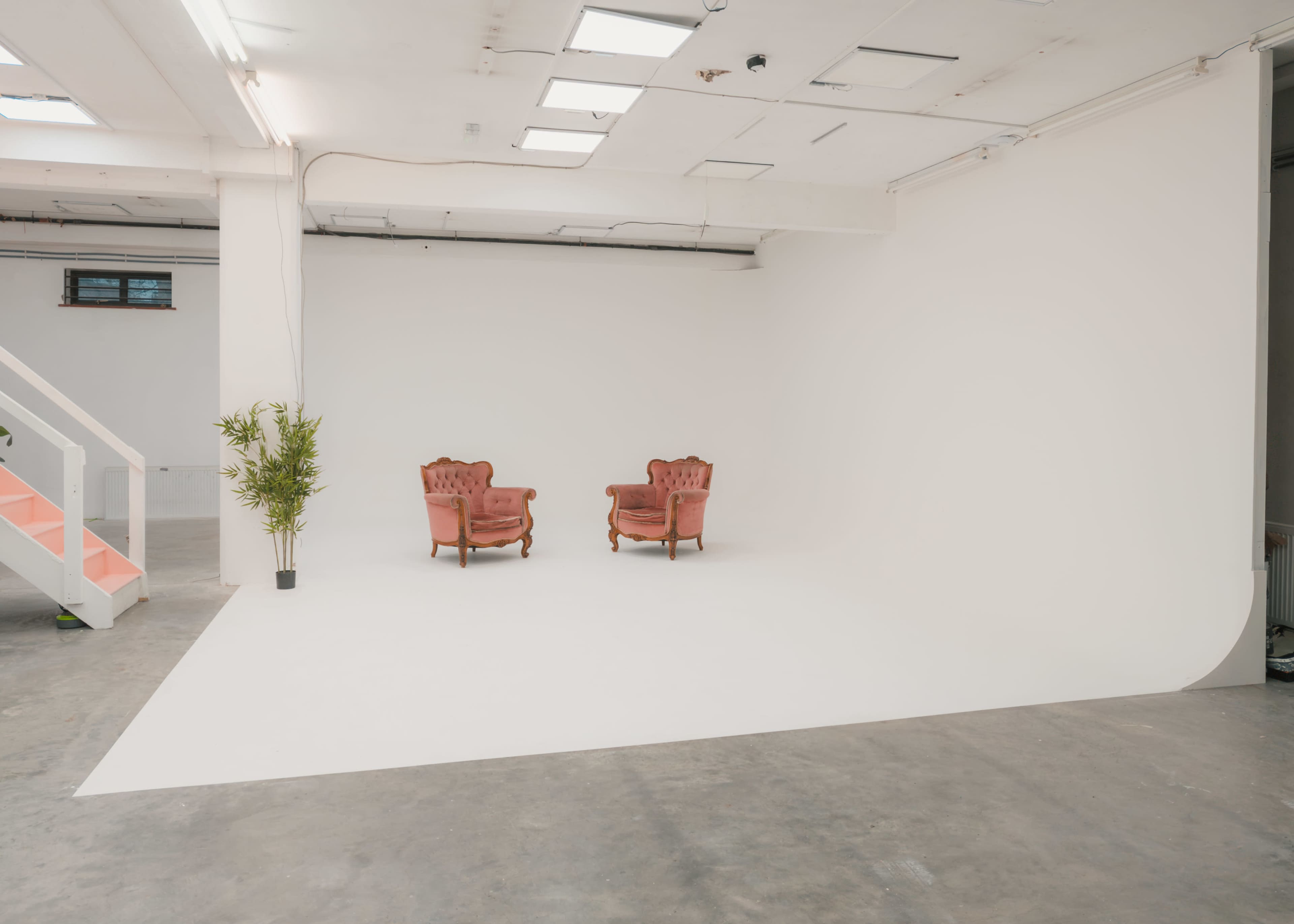 A minimalist studio space with two vintage armchairs and a potted plant against a white backdrop.