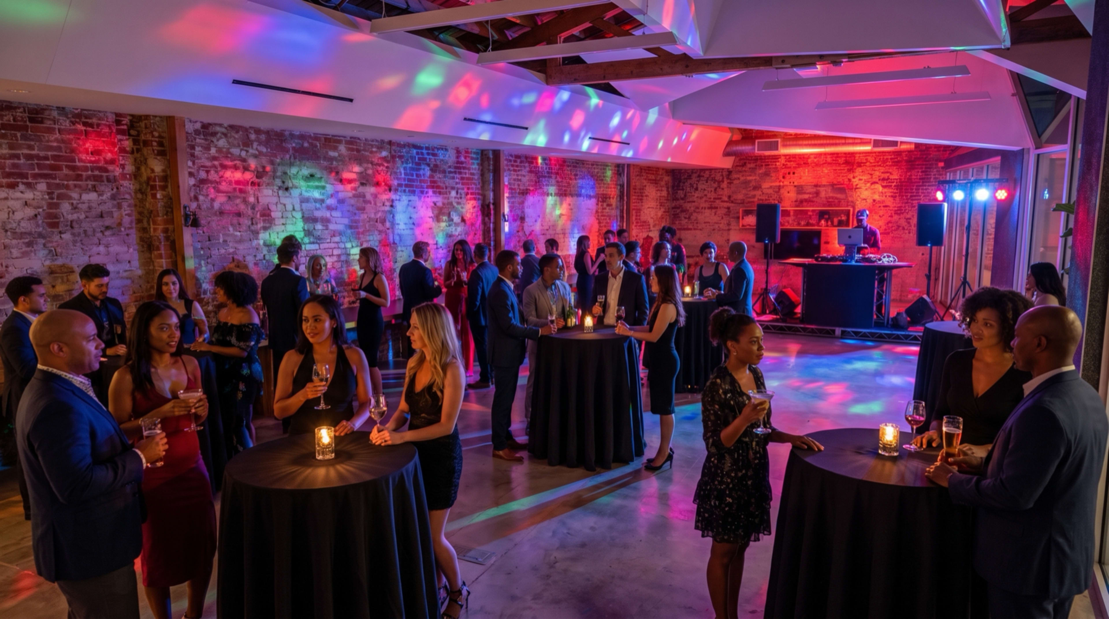 A crowd of elegantly dressed guests mingles around tall, dark tables in a brightly lit event space with a DJ booth in the background.