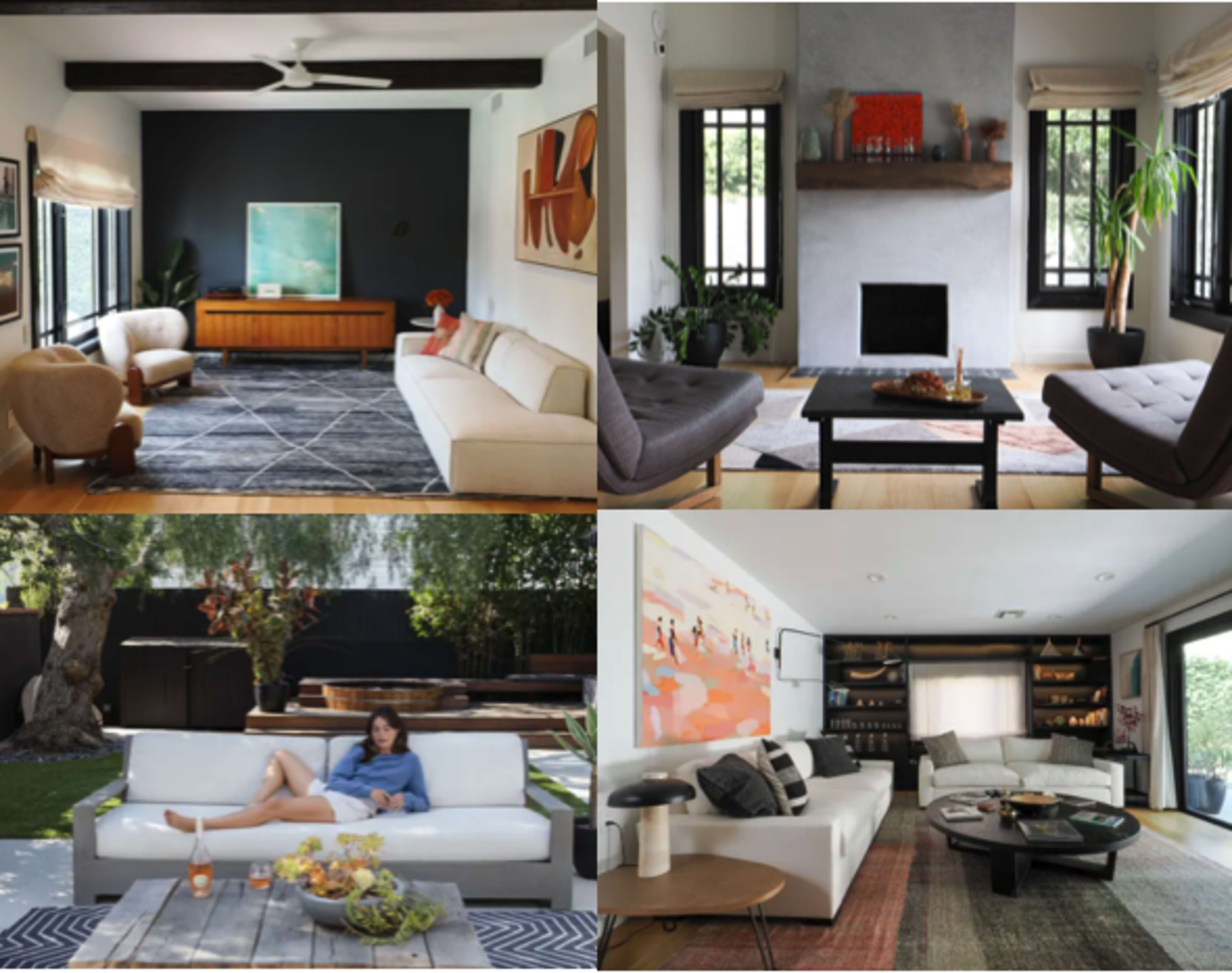The image features a collage of four modern living spaces, each showcasing distinct furniture arrangements and décor styles.