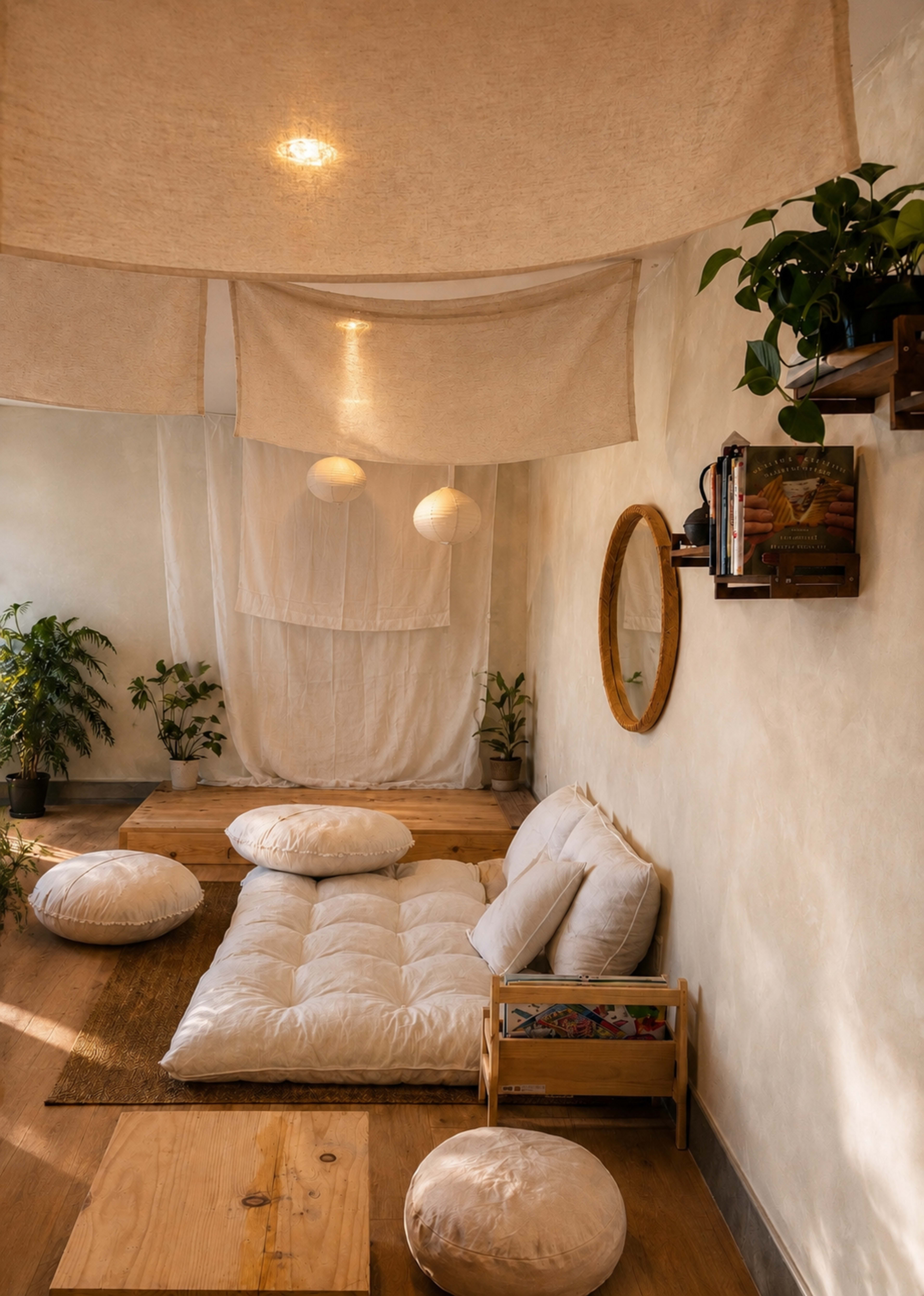 The image shows a cozy, minimalist room with a floor seating area made of cushioned mats, surrounded by plants and soft lighting.