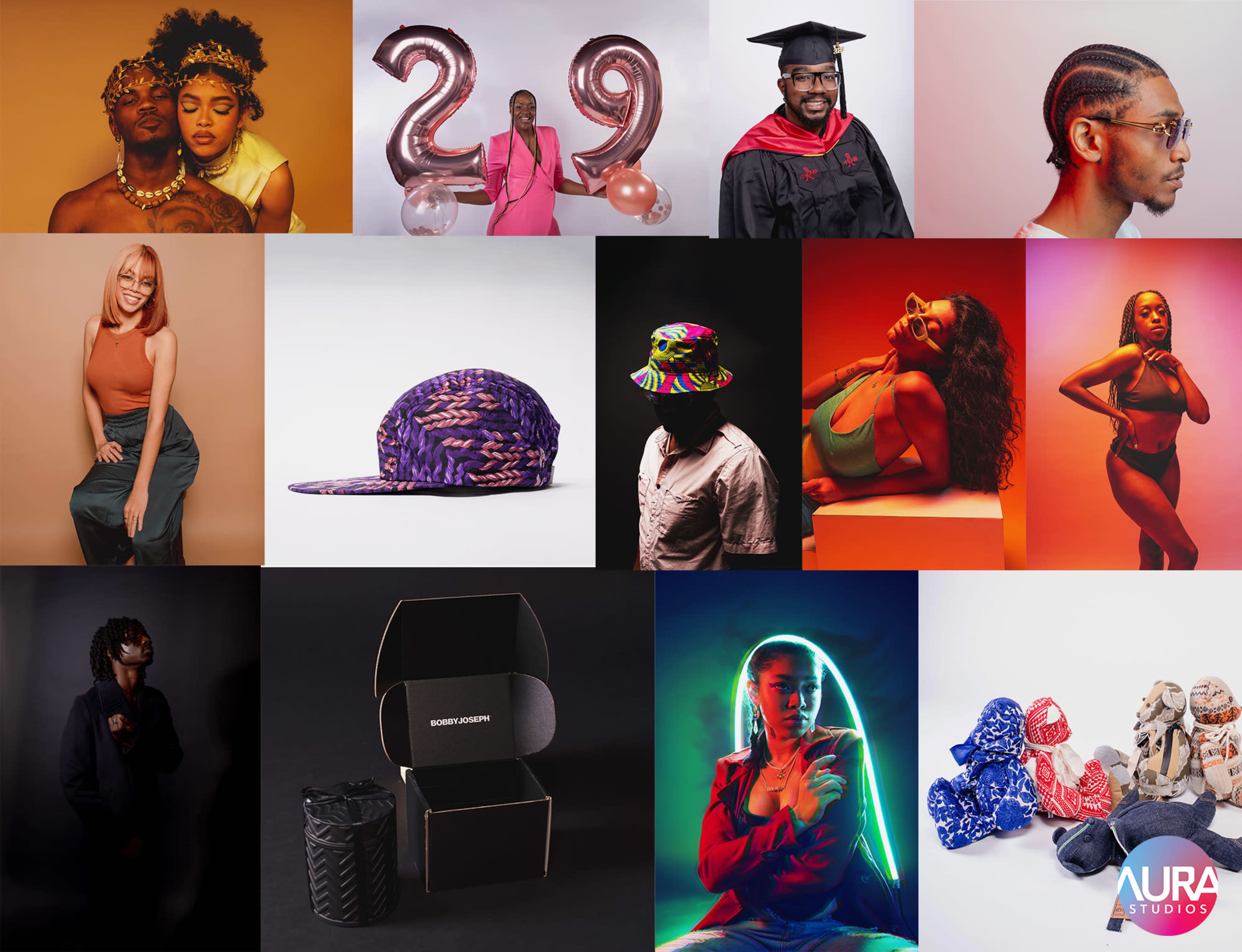 A collage of 12 photos featuring diverse individuals, graduation attire, fashion accessories, and artistic poses against various backgrounds.