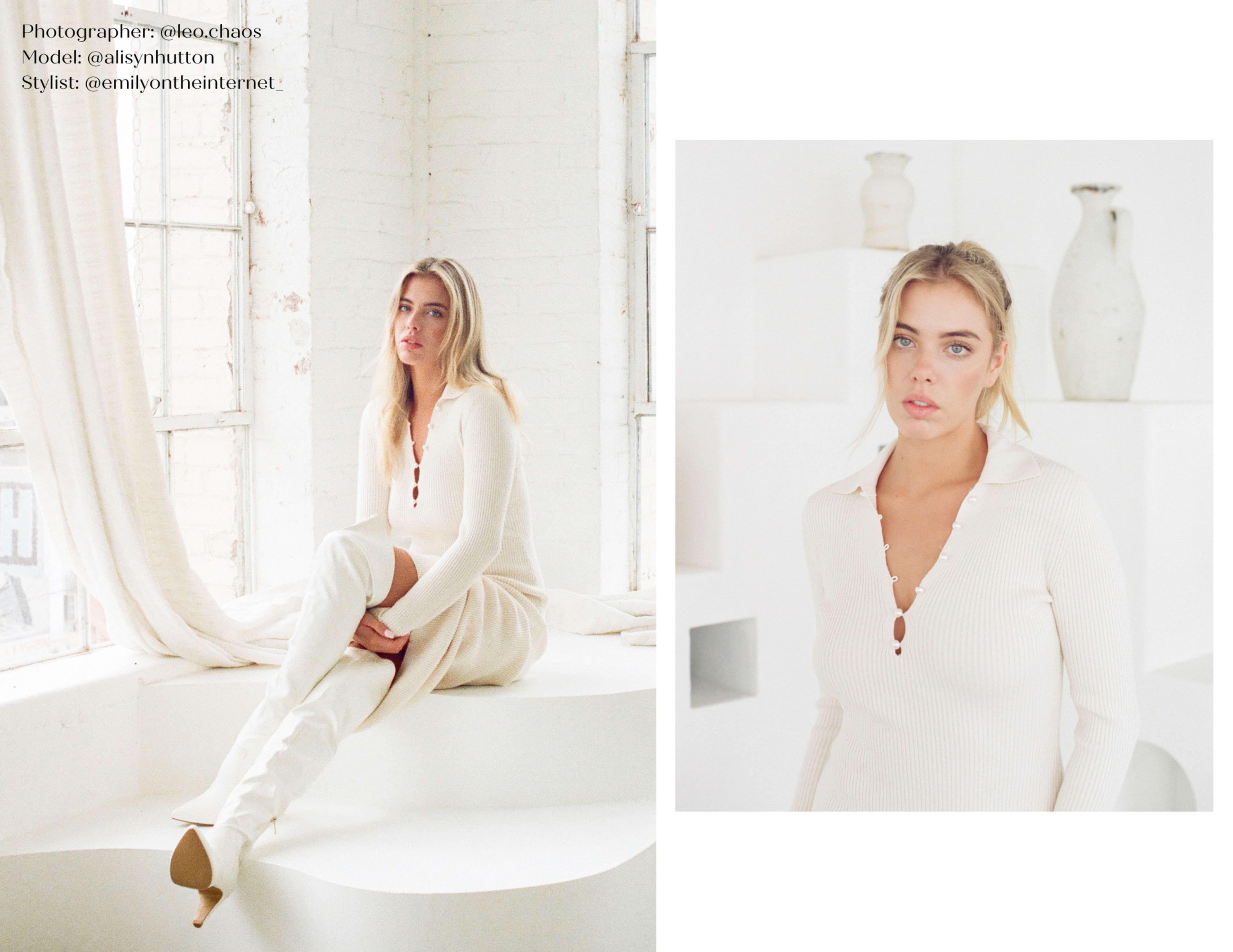 A woman in a light-colored ribbed dress sits on a curved white surface, while a second image shows her portrait with a neutral background.