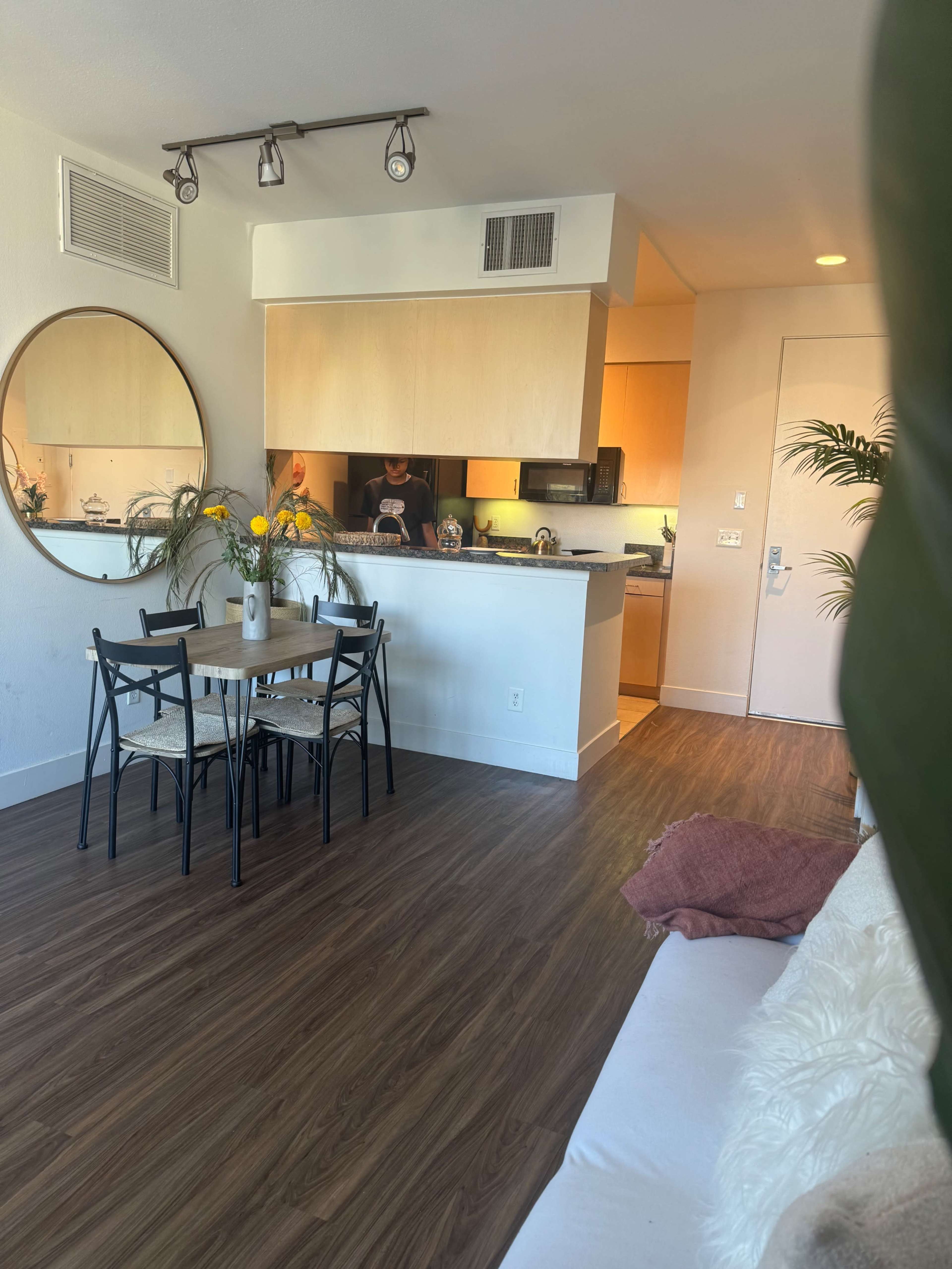The image shows a modern apartment interior with a dining table and chairs, a kitchen area with light wood cabinetry, and a living room space featuring a white couch and decorative plants.