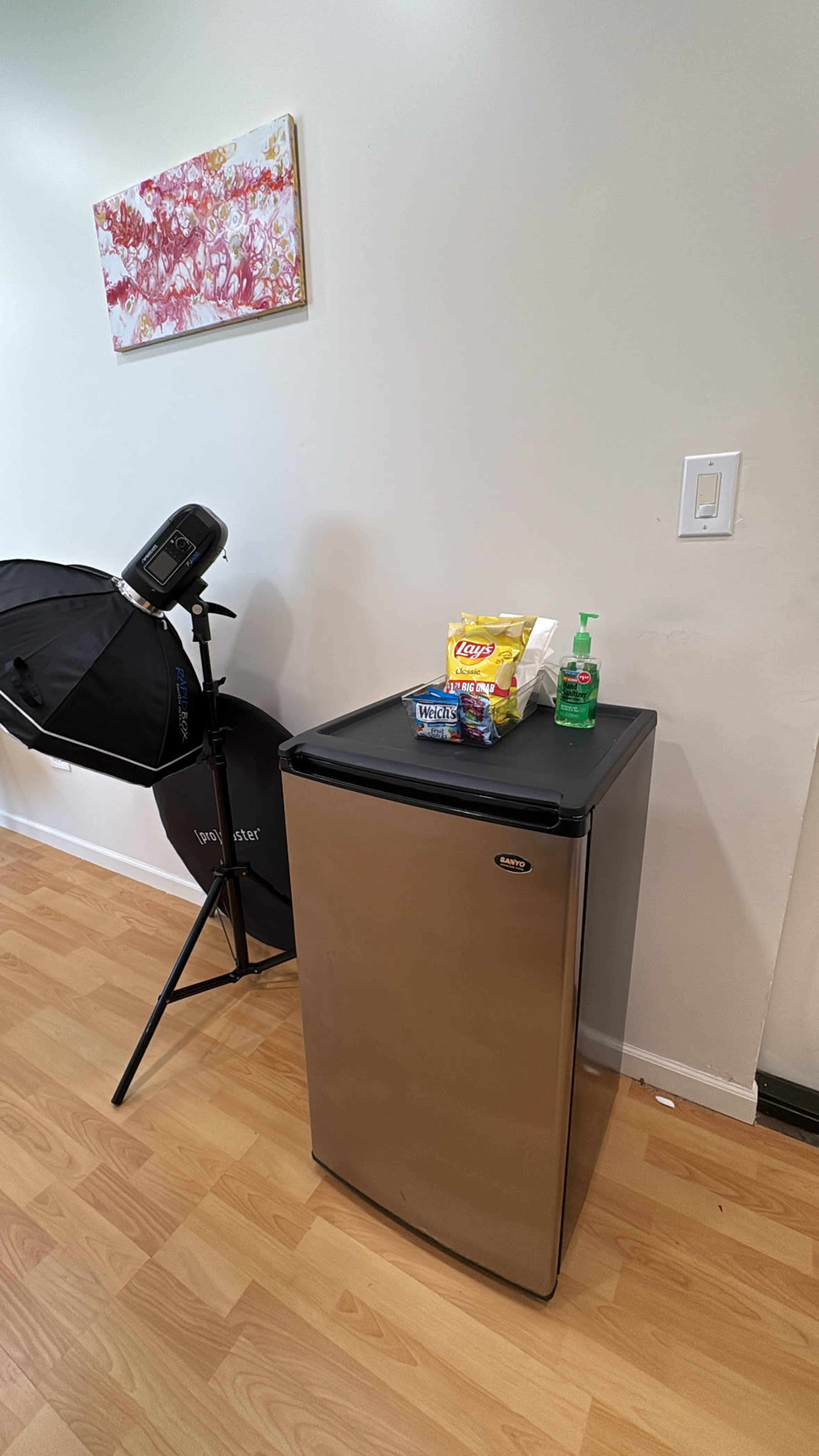 A small silver refrigerator stands next to a photography light with snacks and a bottle of hand sanitizer placed on top.
