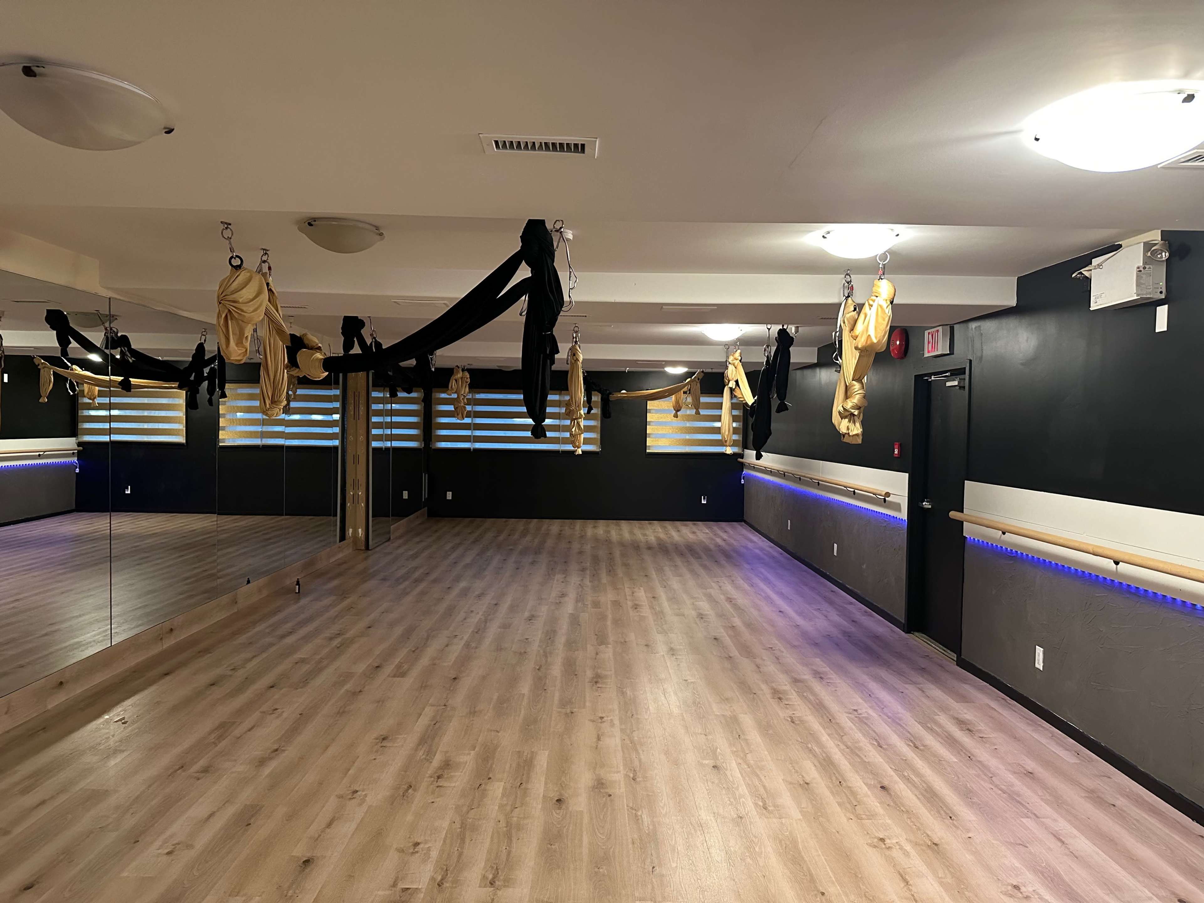 An empty gym studio with mirrored walls and suspended fabric hanging from the ceiling.