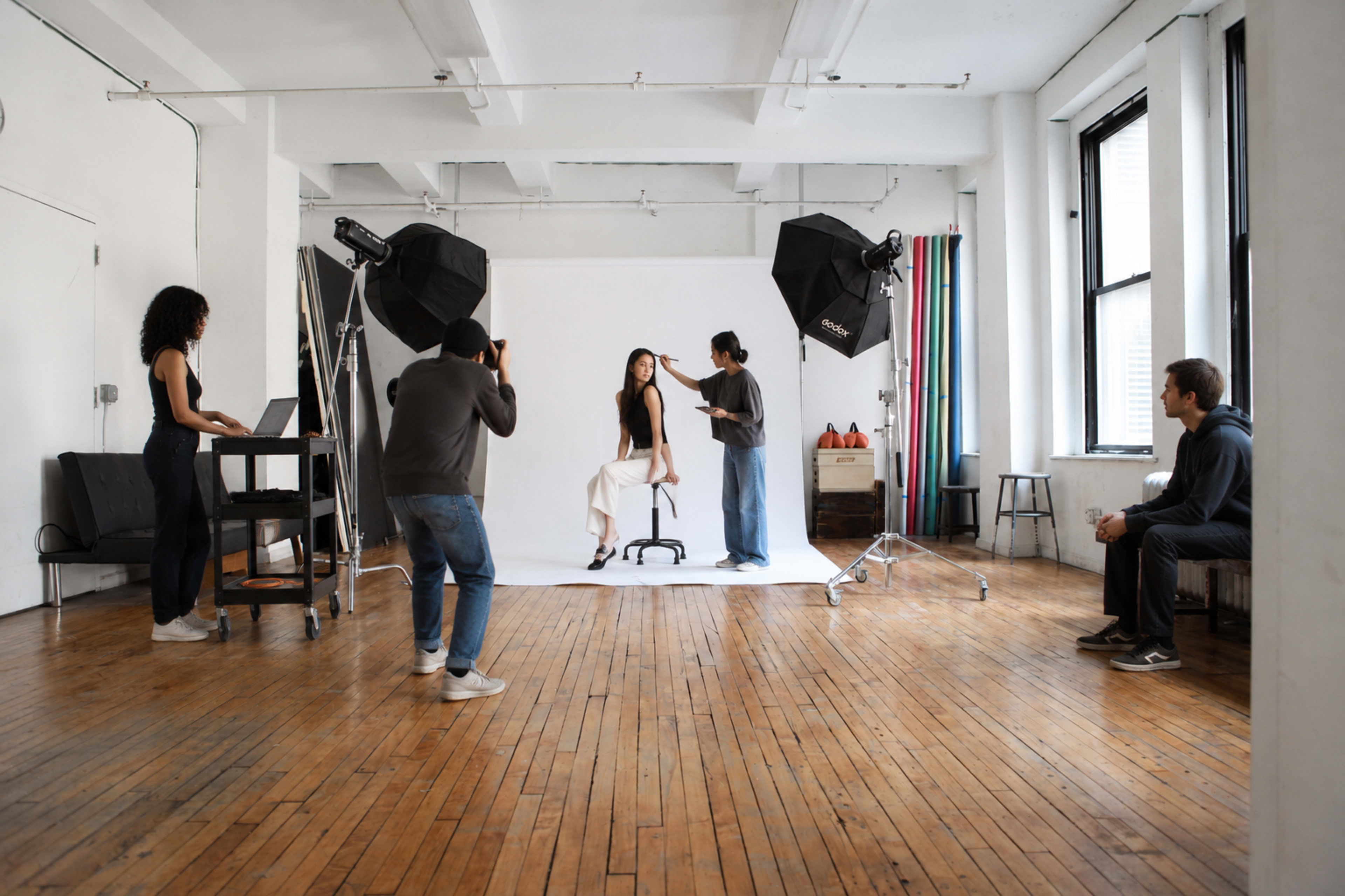 A photography studio features a model sitting on a chair, surrounded by a team setting up lights and managing equipment.