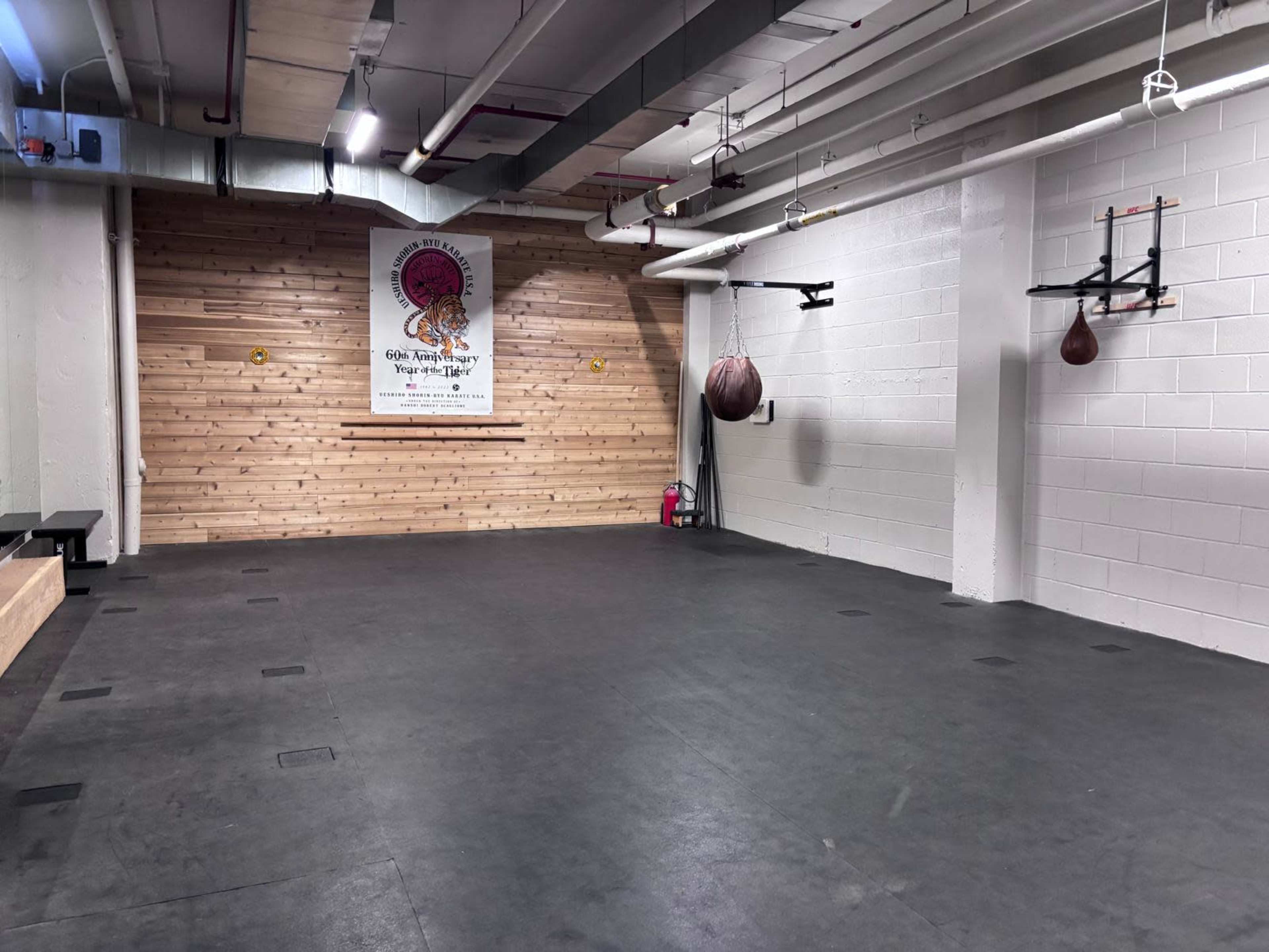 The image shows a spacious gym interior with wooden paneling on one wall, two hanging punching bags, and an open floor area.