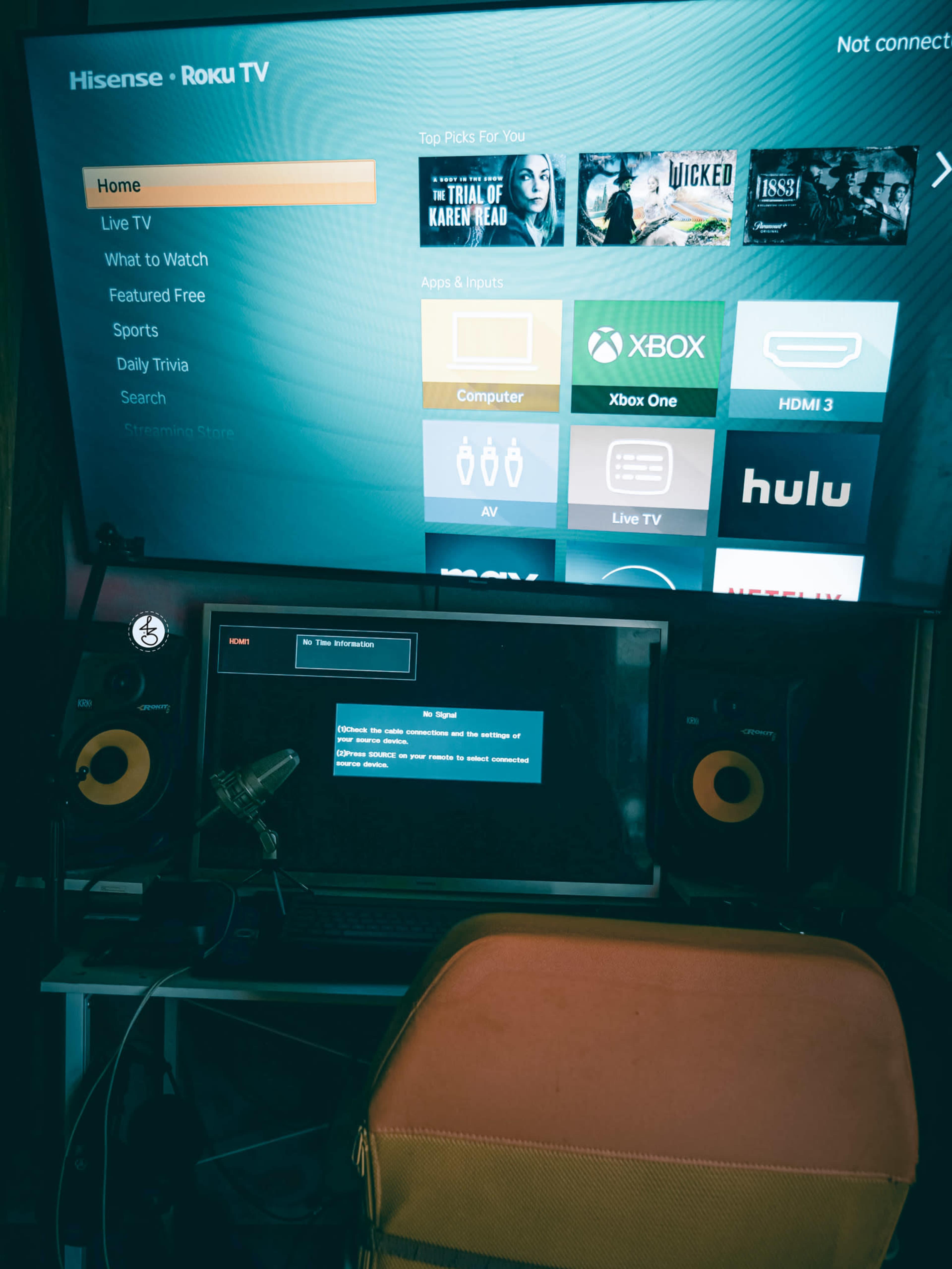 The image shows a TV displaying a Roku interface with various streaming options and a desk setup featuring speakers and a microphone.