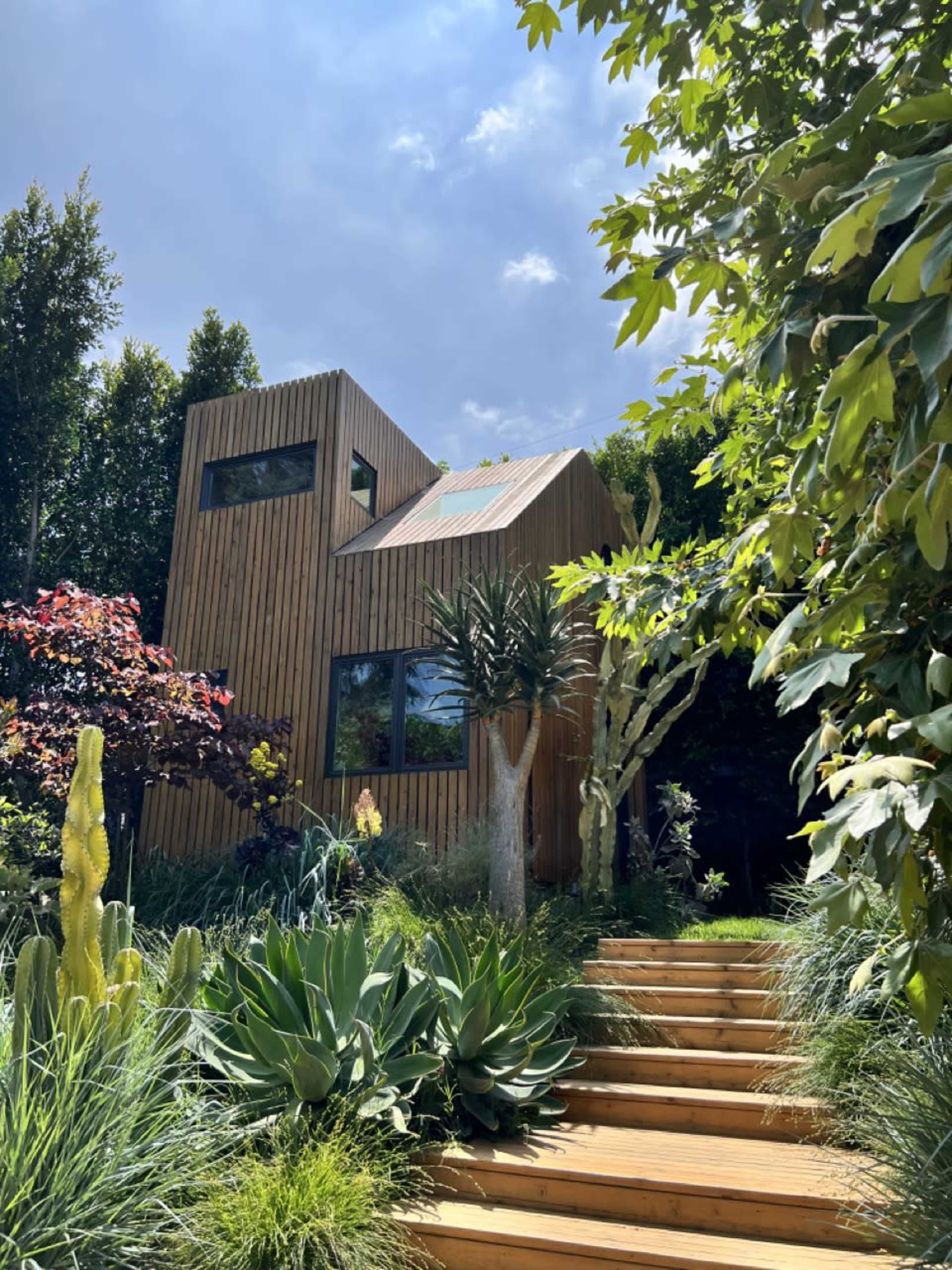 A modern wooden house with large windows is set amidst lush greenery and a wooden staircase leading to the entrance.