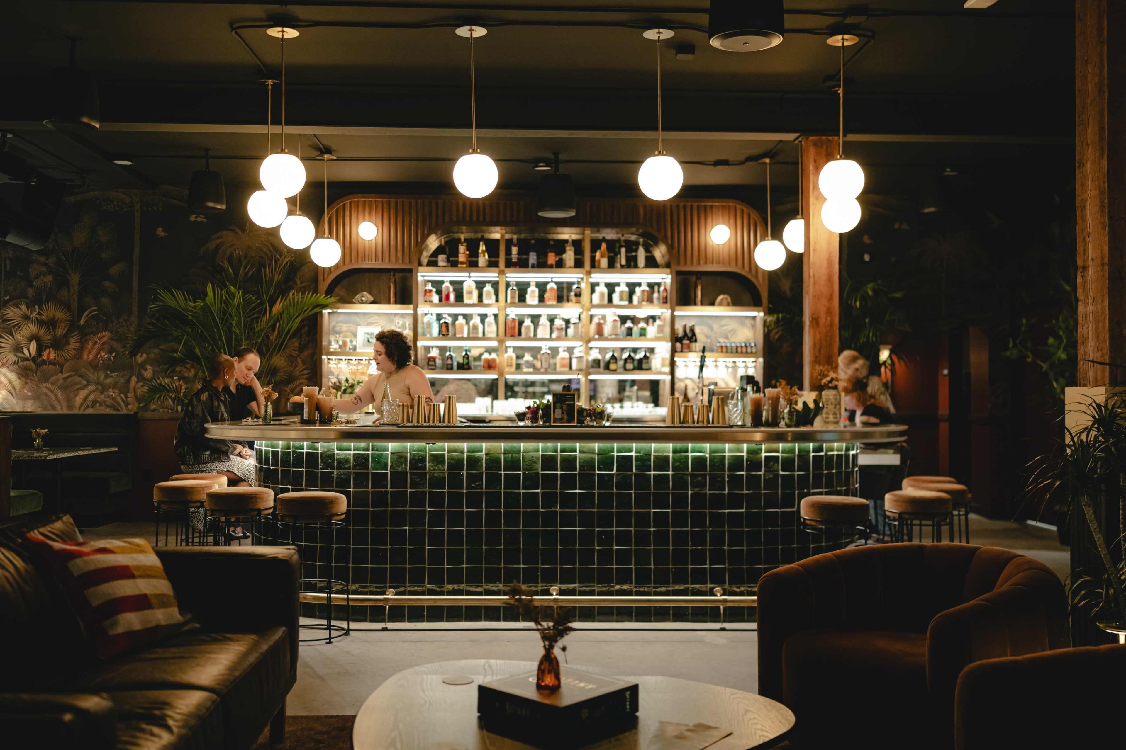 A cozy bar scene features patrons seated at a well-stocked counter illuminated by round pendant lights, surrounded by lush greenery and stylish decor.