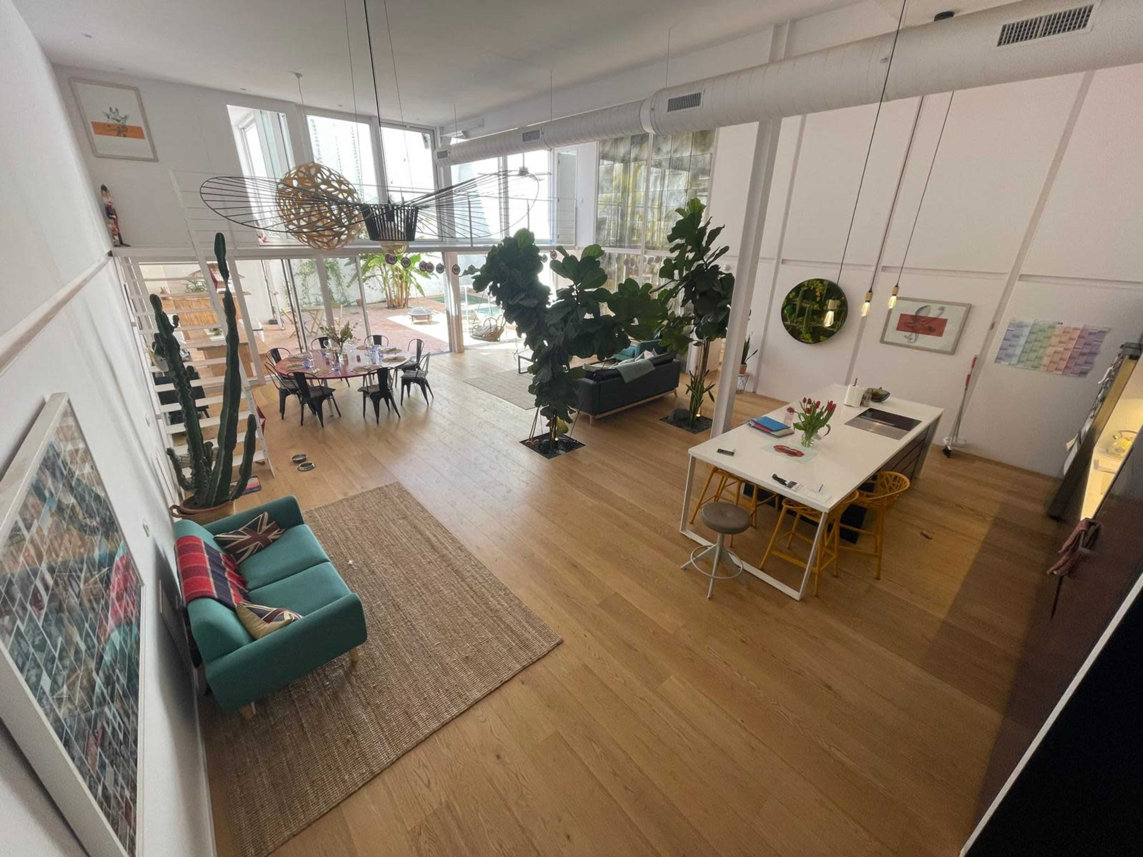 The image shows a spacious, modern open-concept living area featuring a dining table, seating areas, and large windows with indoor plants.