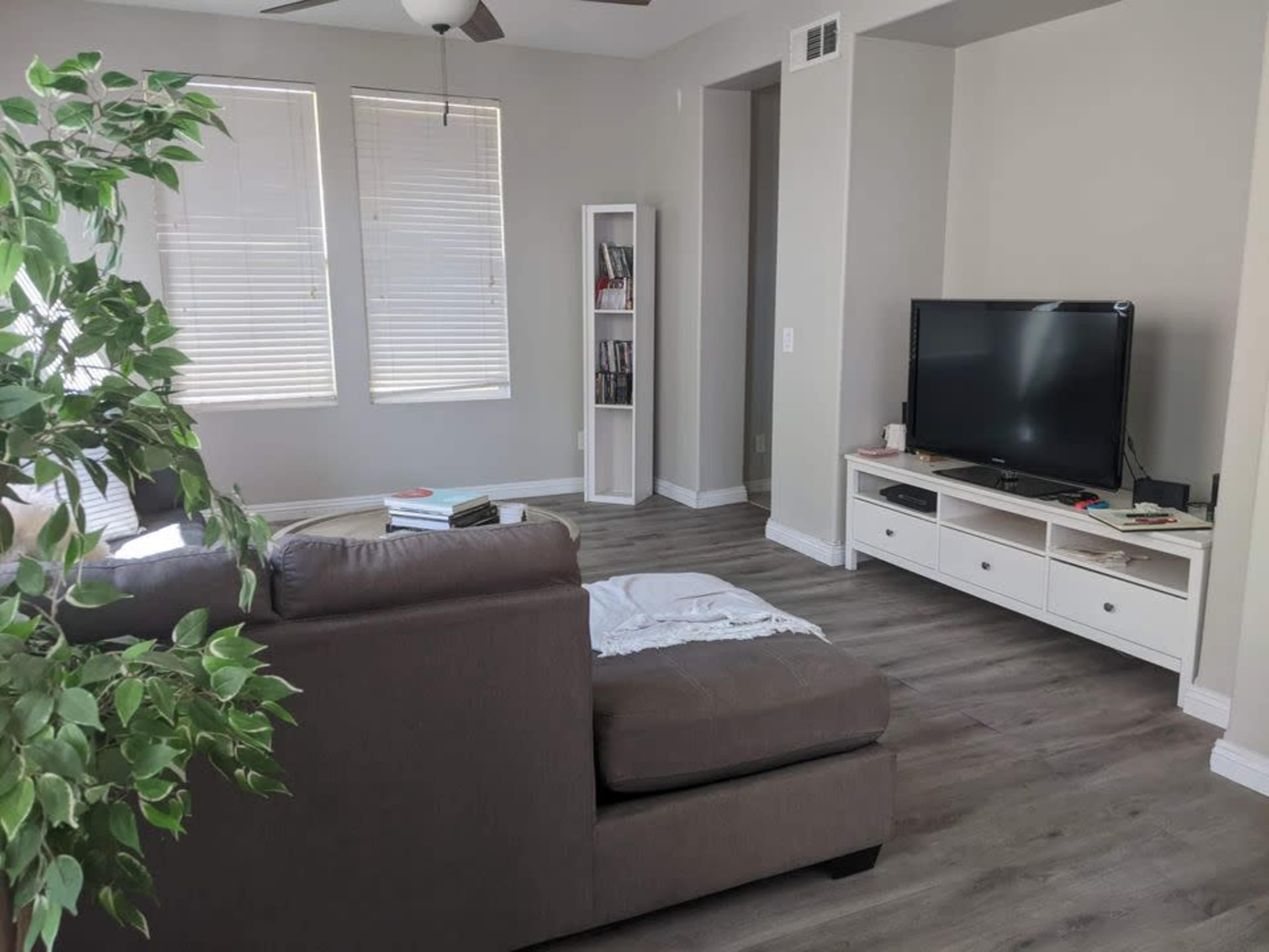 The image shows a living room with a brown couch, a television on a white media console, and a tall bookshelf in a light-colored space with windows.