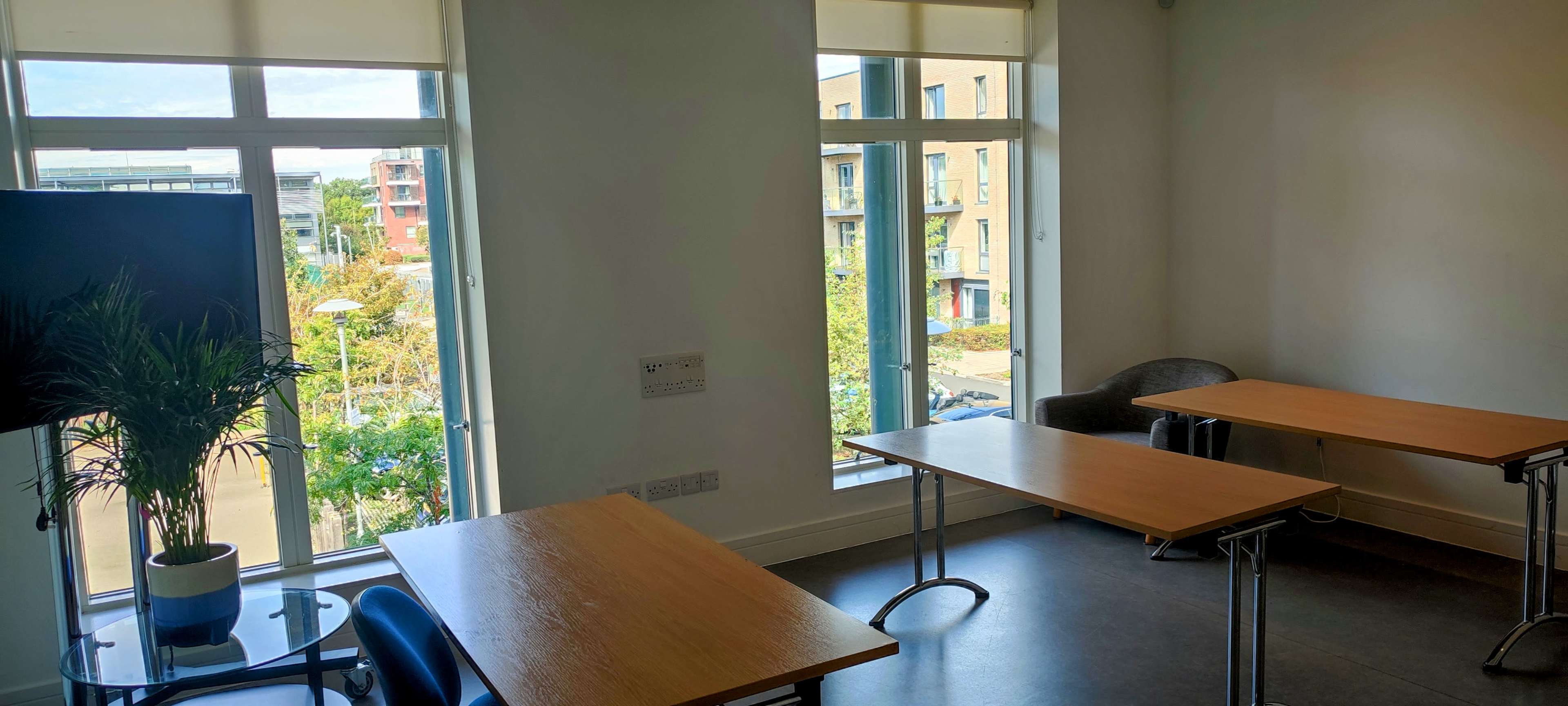 A bright room with two wooden tables, a chair, a plant, and large windows overlooking a street with buildings outside.