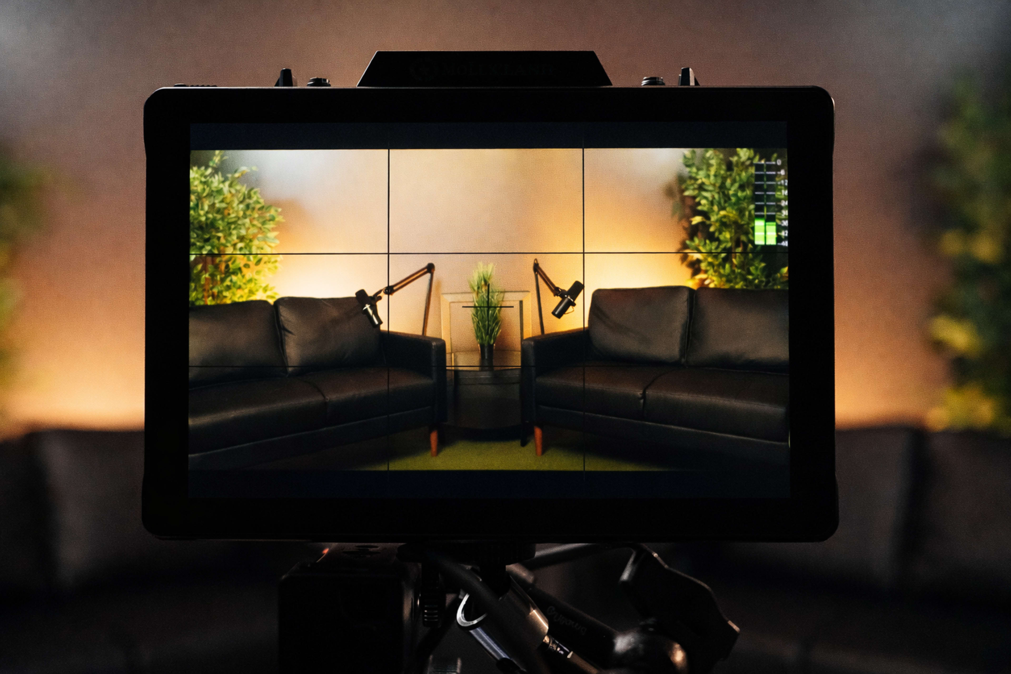 The image shows a camera monitor displaying a symmetrical scene of two black leather sofas with matching side tables and lamps, framed by green plants.