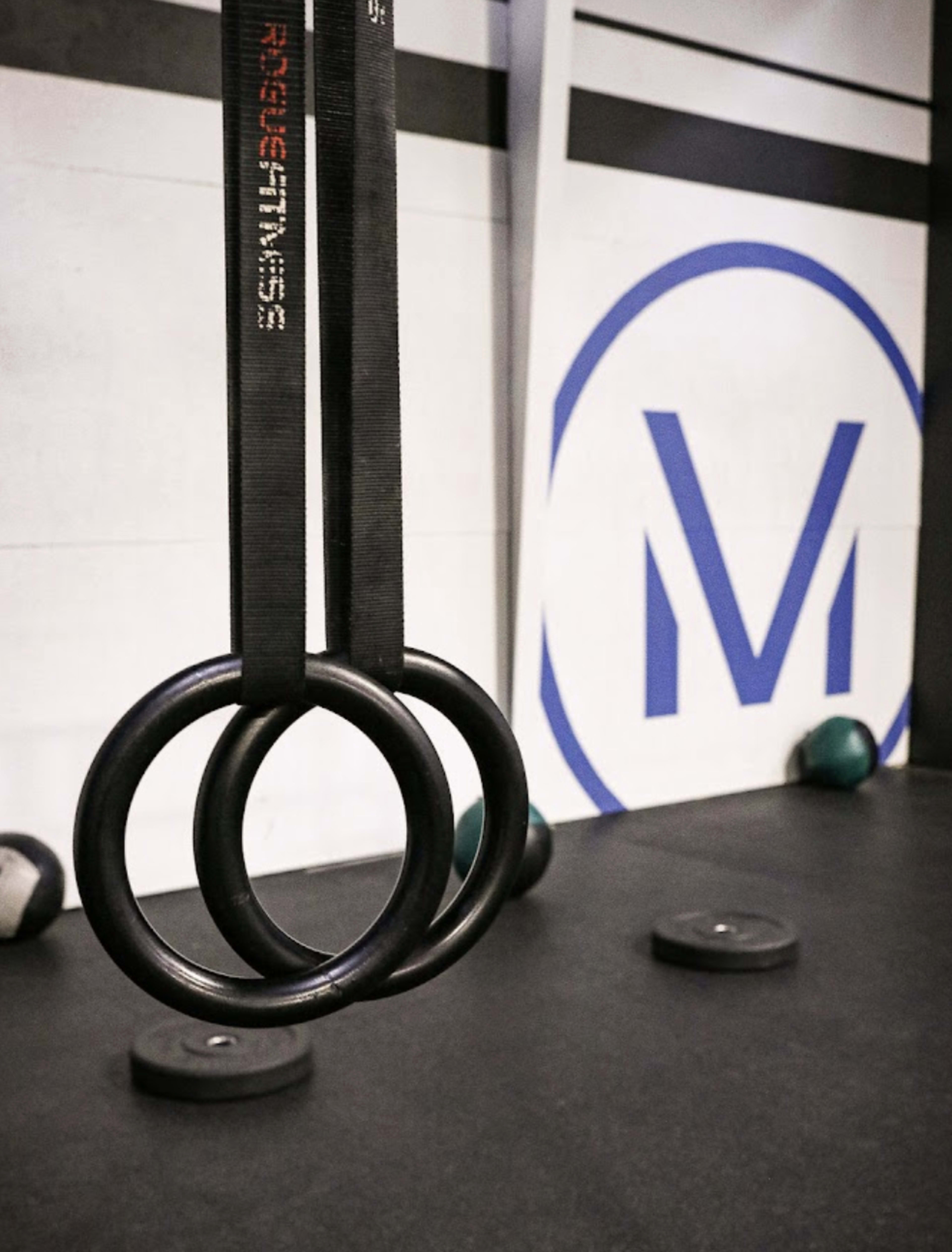 The image shows three black gym rings suspended from straps in a gym, with a large circular logo on the wall and weighted fitness balls on the floor.