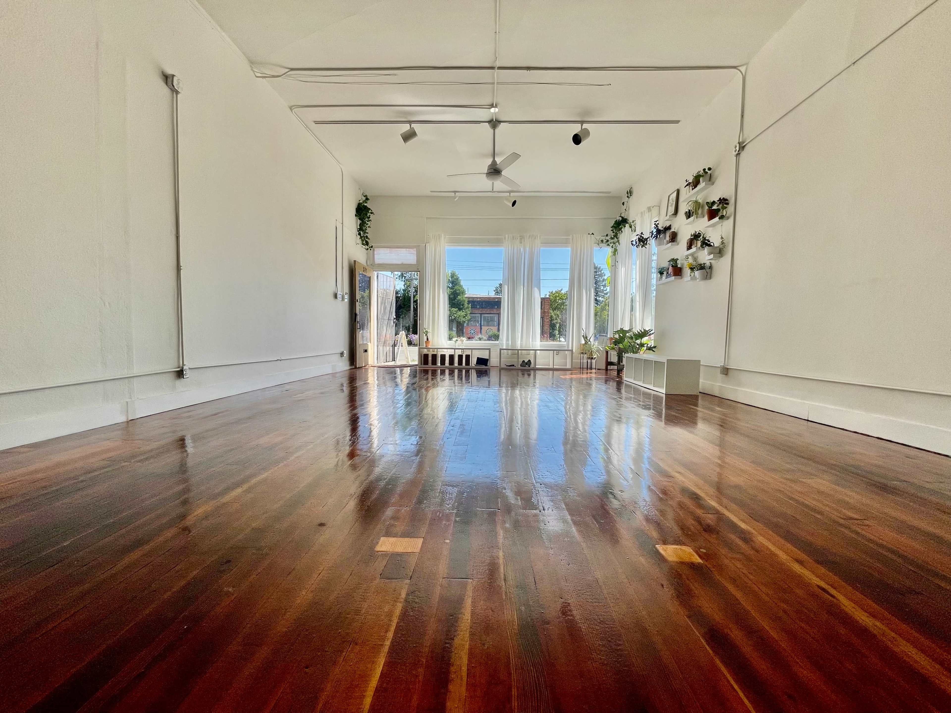 A spacious, well-lit room with polished wooden floors, large windows, and plants along the walls.
