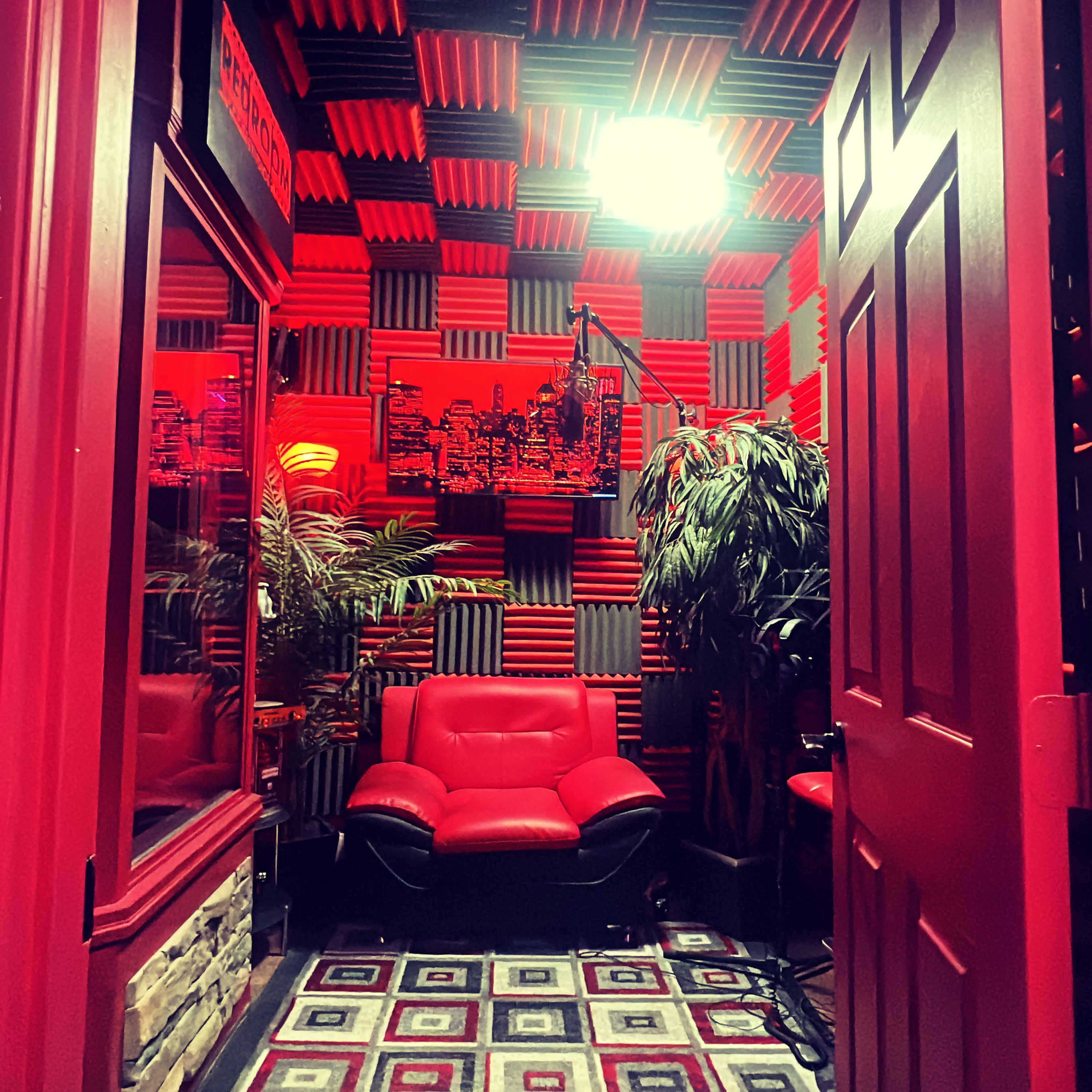 A small room with red acoustic wall panels, a red chair, a patterned rug, plants, and a bright overhead light.