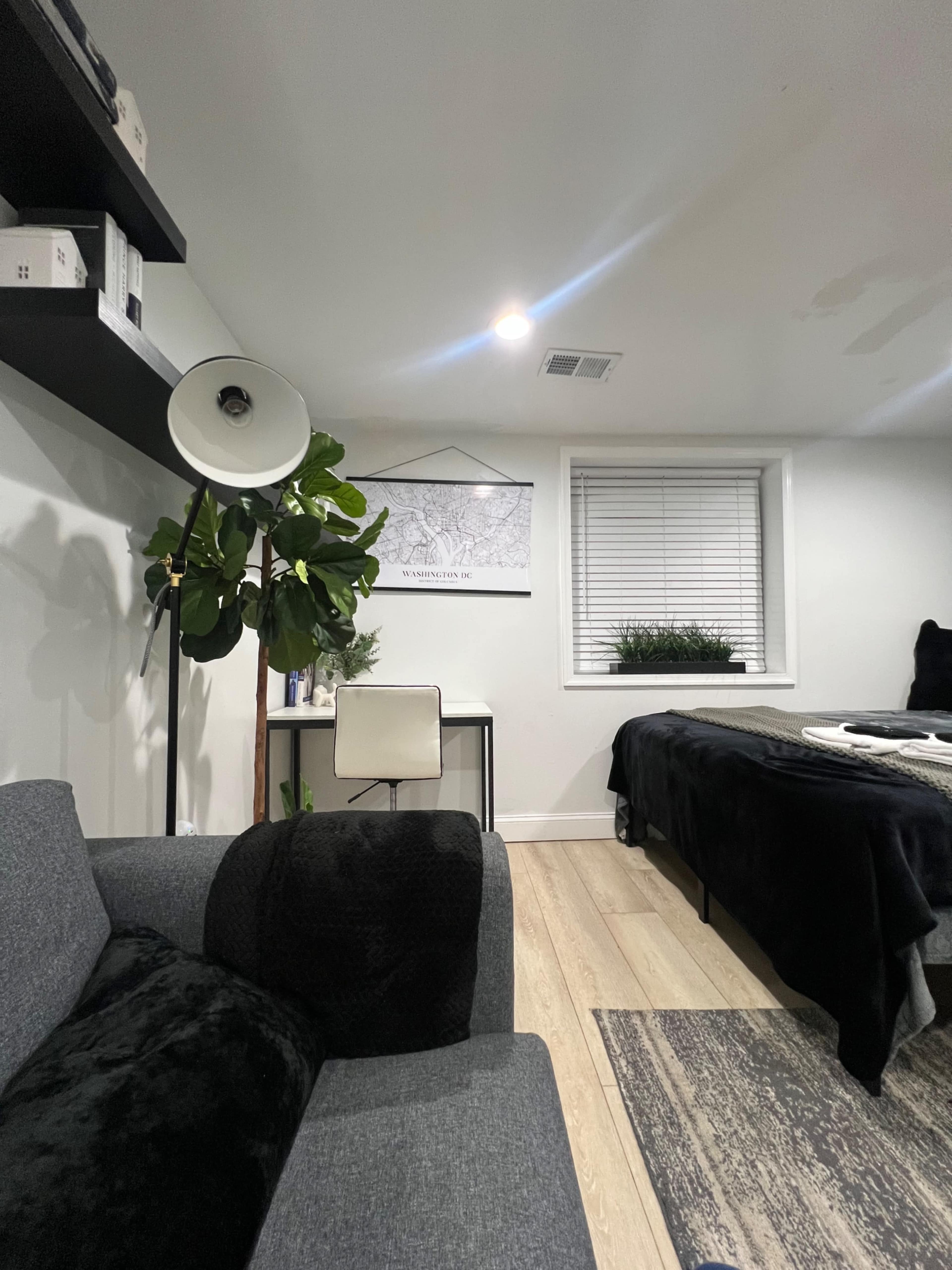 The image shows a cozy room with a gray couch, a small desk and chair, a large plant, and a bed with dark bedding.