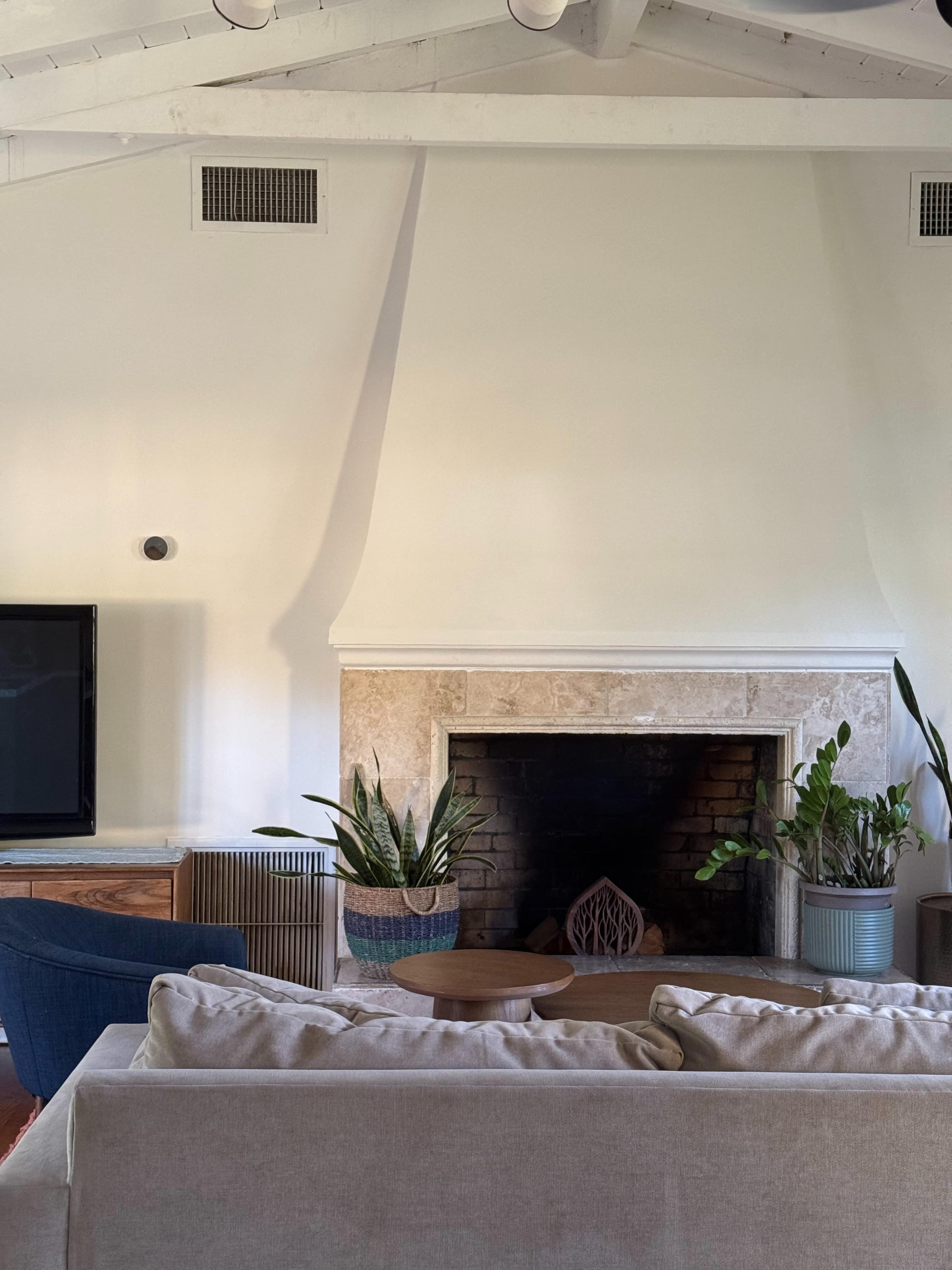 A living room features a stone fireplace surrounded by potted plants, a television on the wall, and a sofa with a wooden coffee table in front.