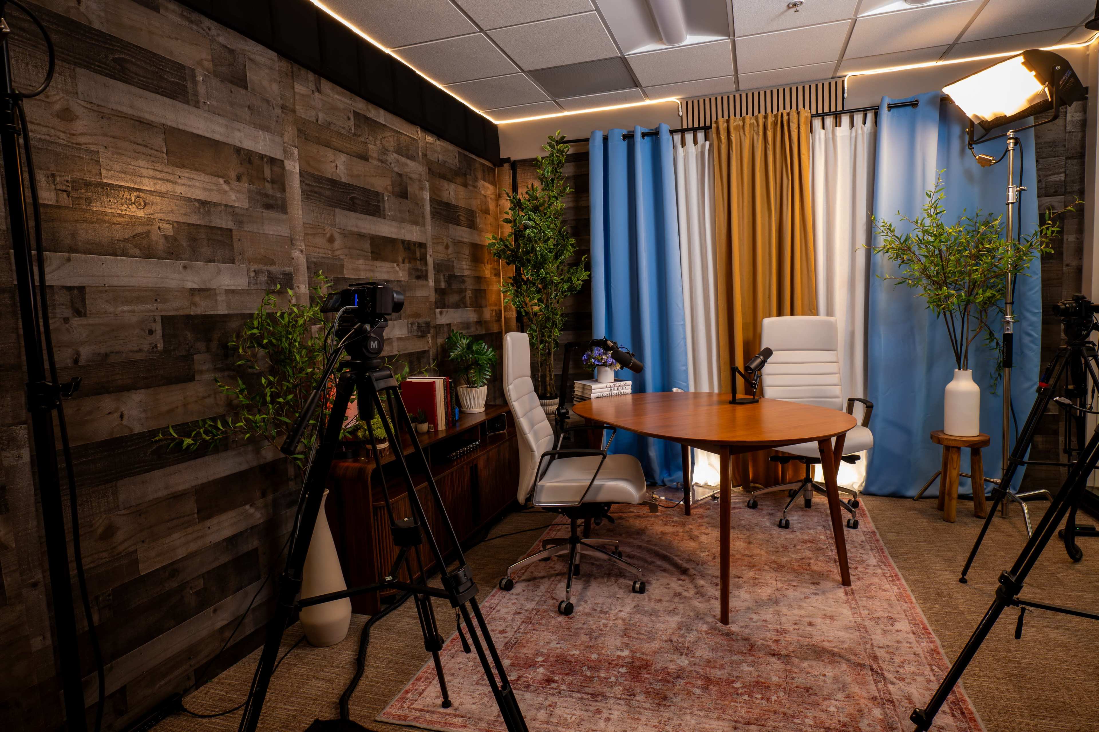 The image shows a staged interview setup with a round wooden table, two office chairs, and studio lighting, surrounded by decorative plants and a colorful backdrop of curtains.