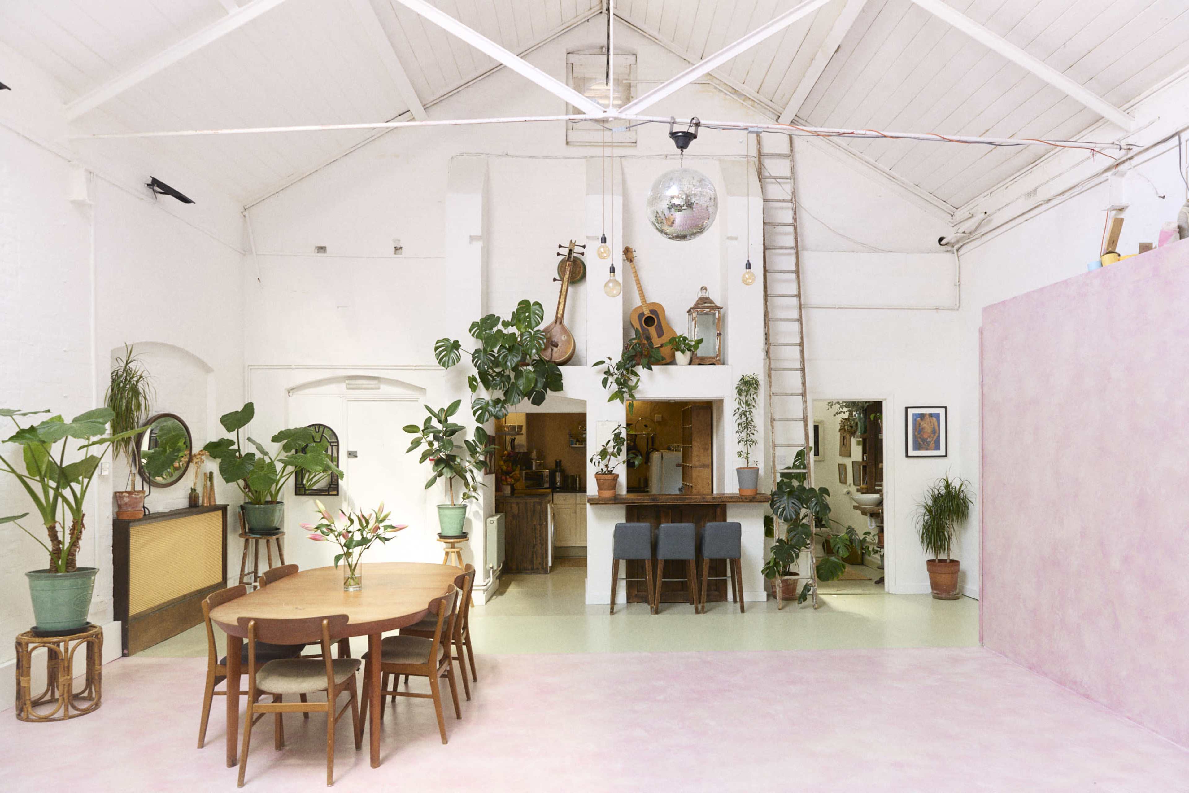 A bright, open space featuring a dining table surrounded by chairs, a kitchen area, various indoor plants, and a pink-painted wall.