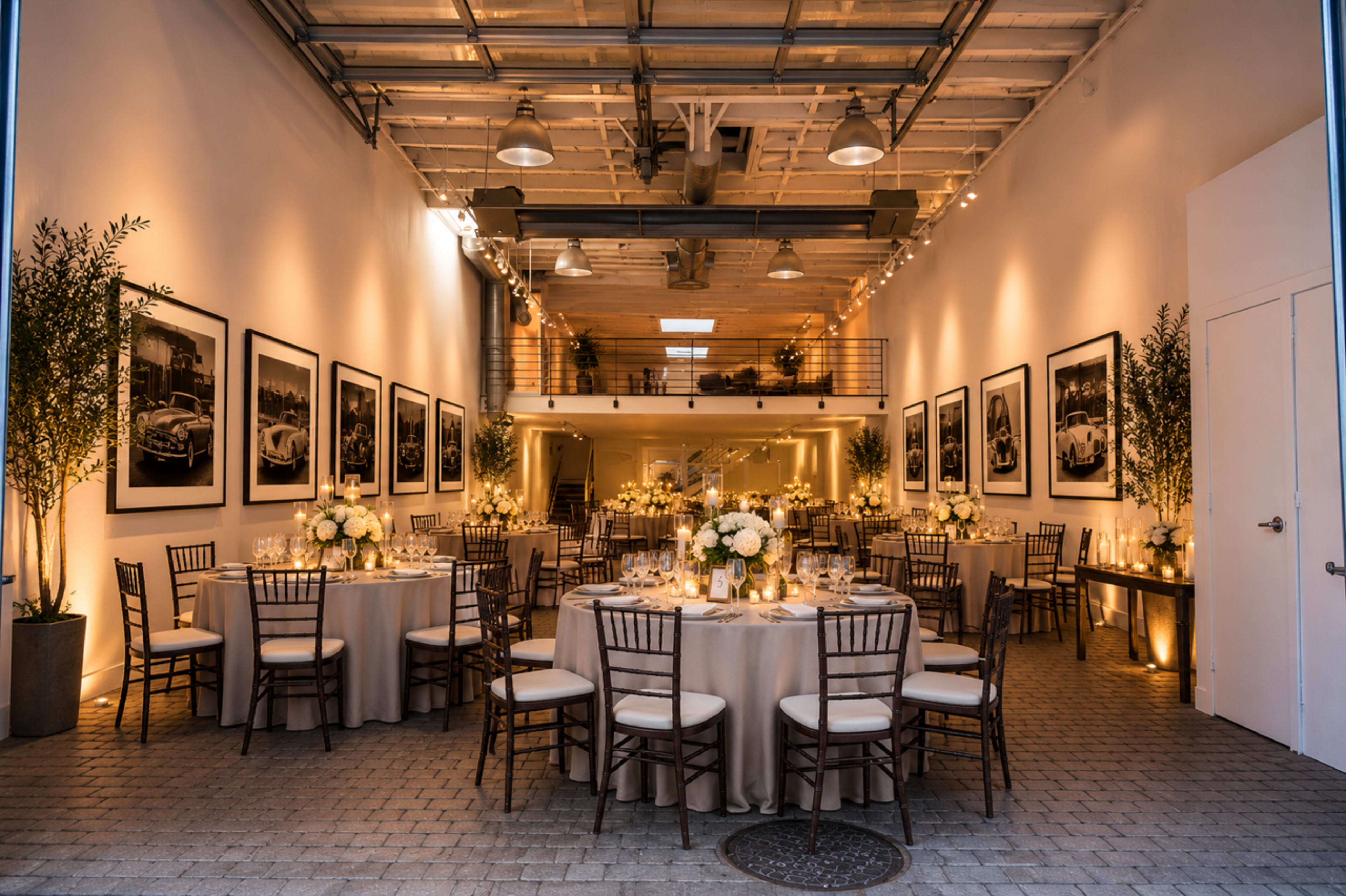 The image shows a decorated event space with round tables set for a formal dinner, featuring floral arrangements and vintage car photographs on the walls.