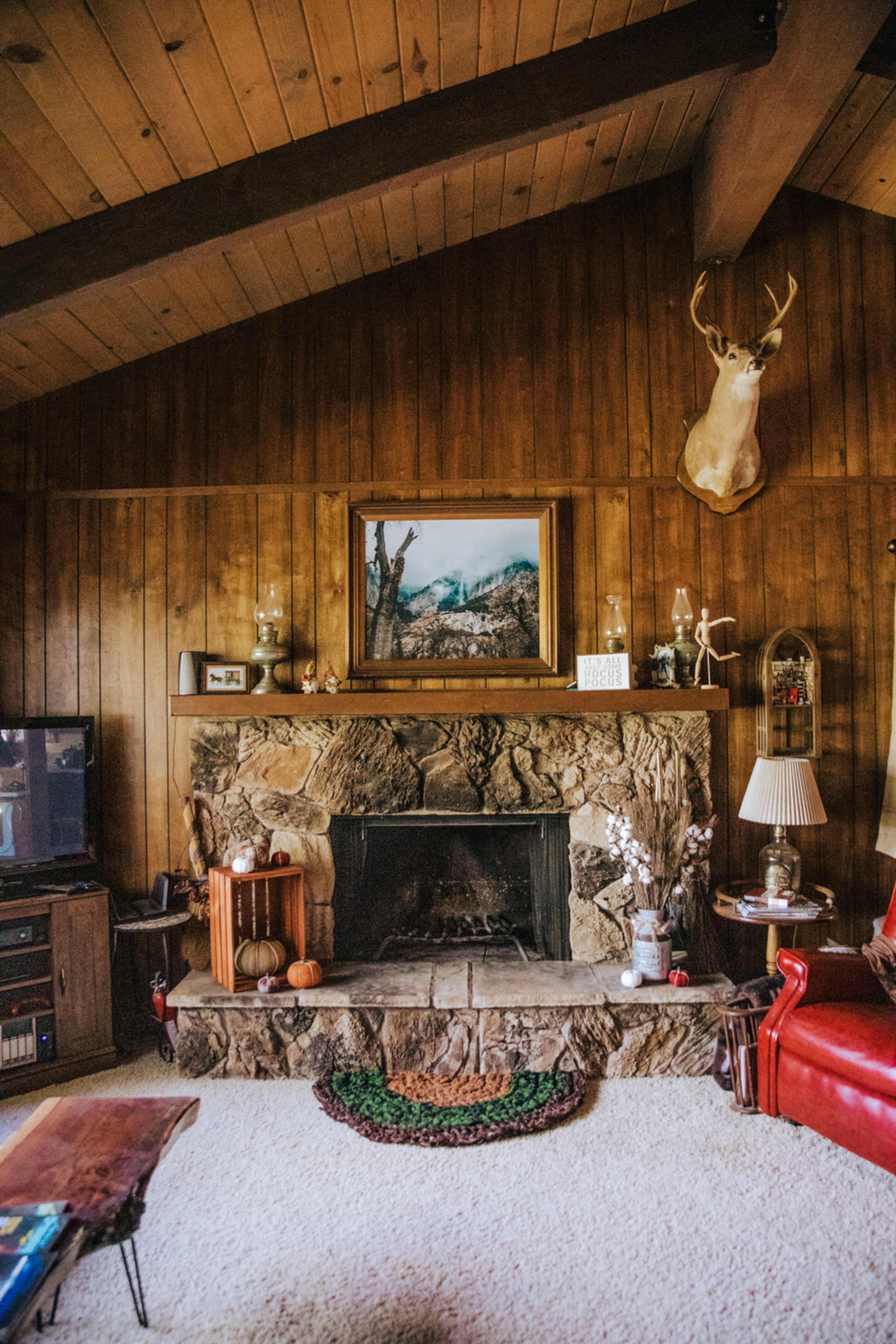 A wooden-paneled living room featuring a stone fireplace with a mounted deer head above it, a large framed landscape painting, and various decorative items.