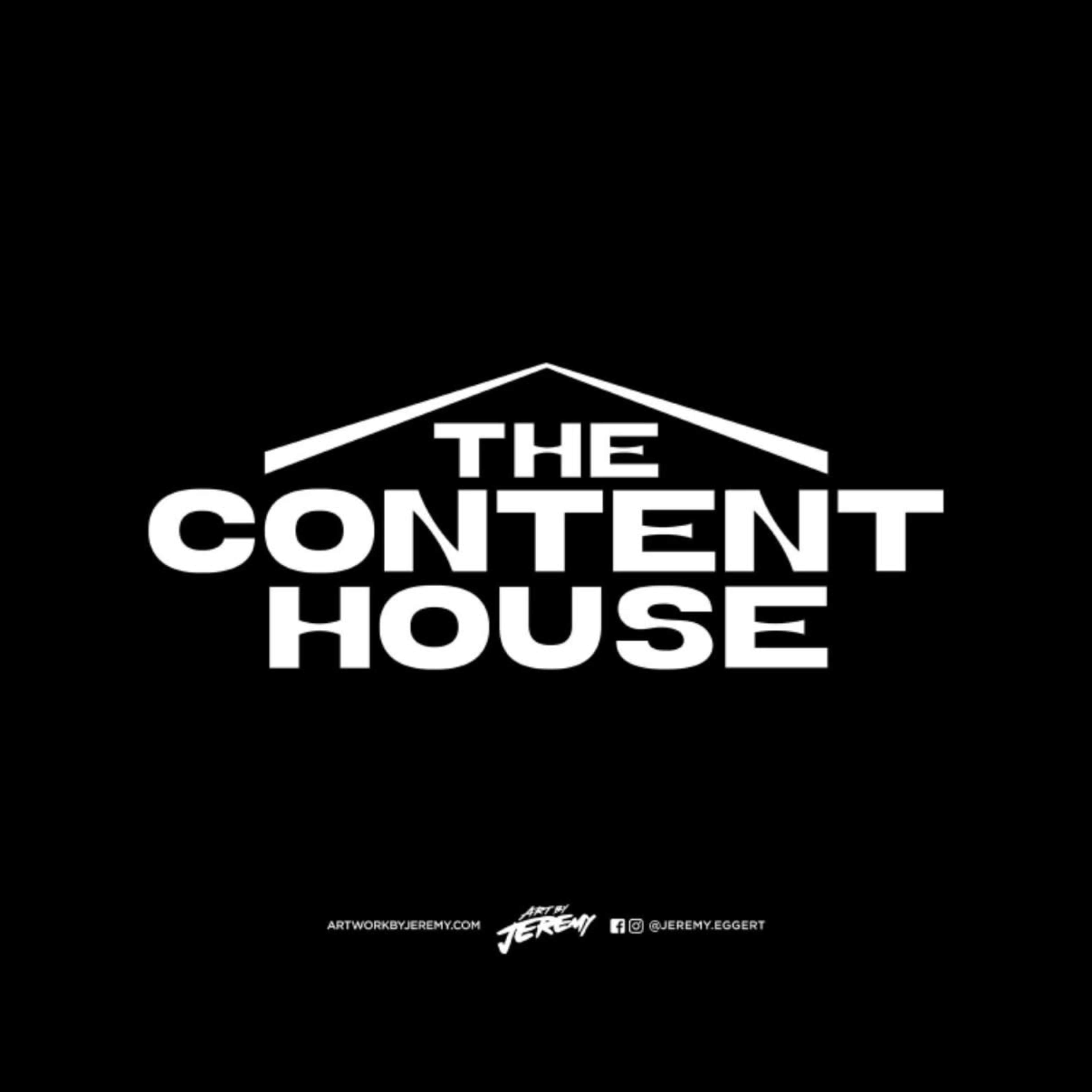 The image features the phrase "THE CONTENT HOUSE" in bold, white letters against a black background, with a simple roof graphic above the text.