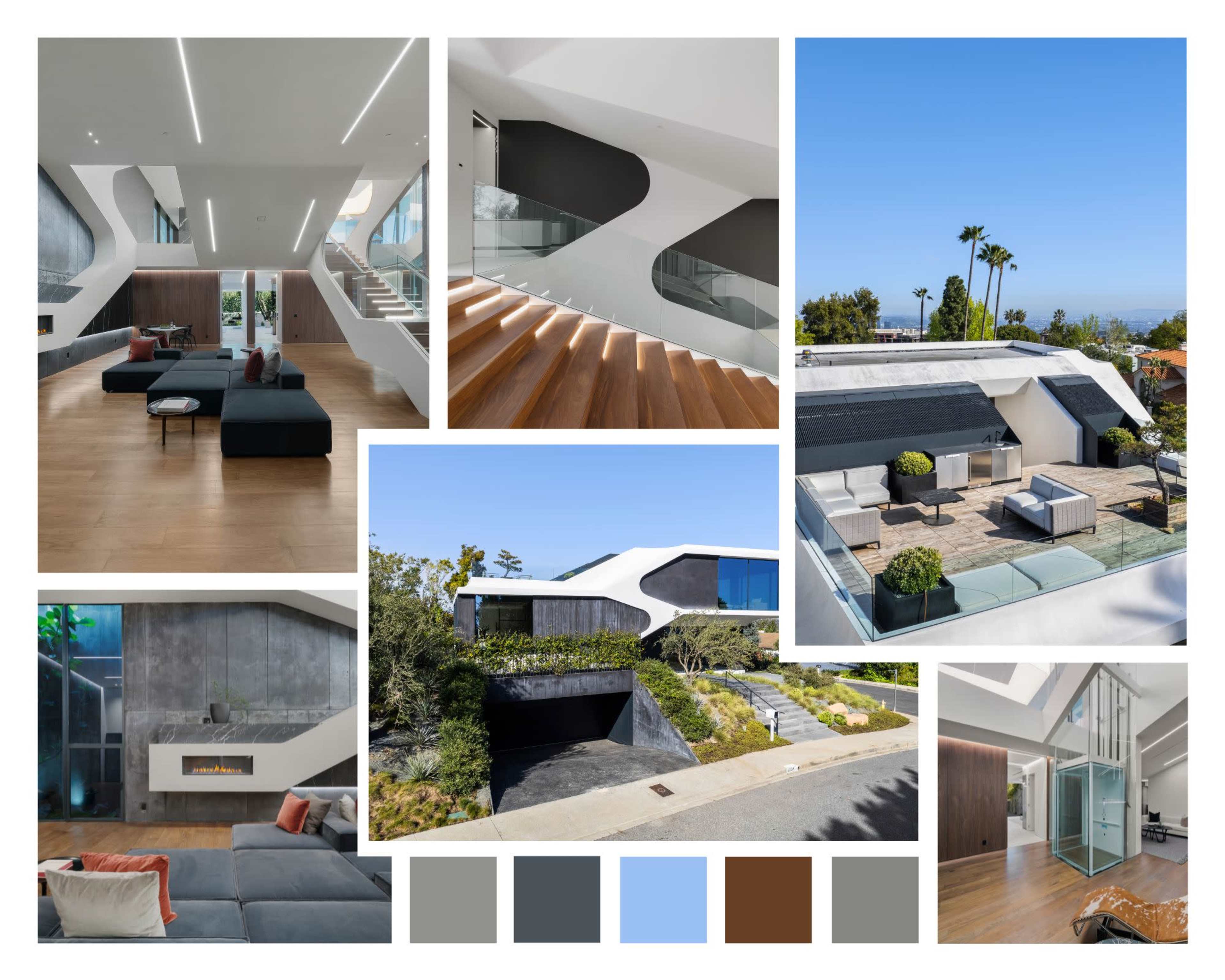 A modern residence featuring spacious interiors, an elegant staircase, and a landscaped exterior with outdoor seating areas.