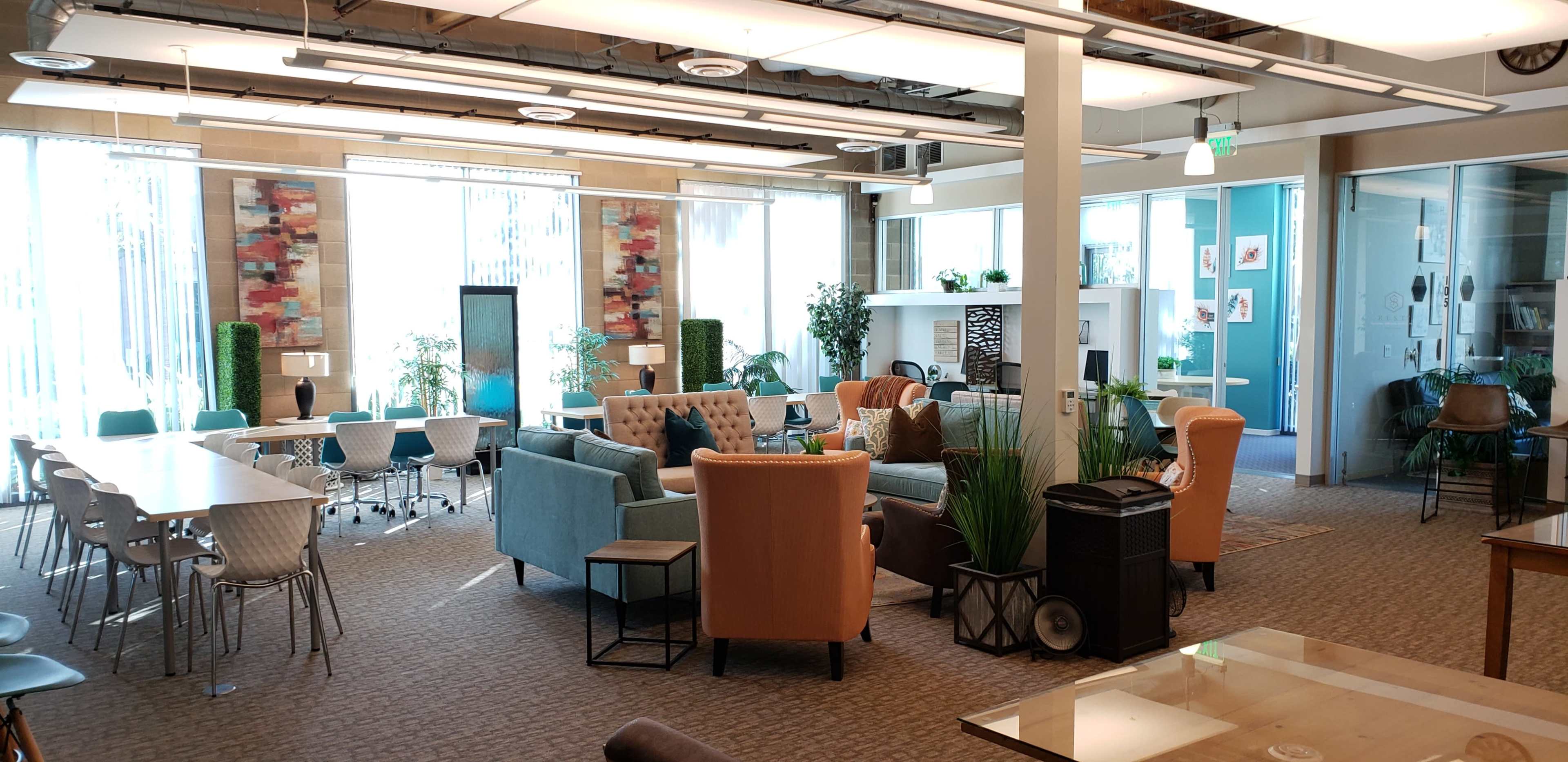 A modern, open office space with seating areas, tables, and plants around large windows.