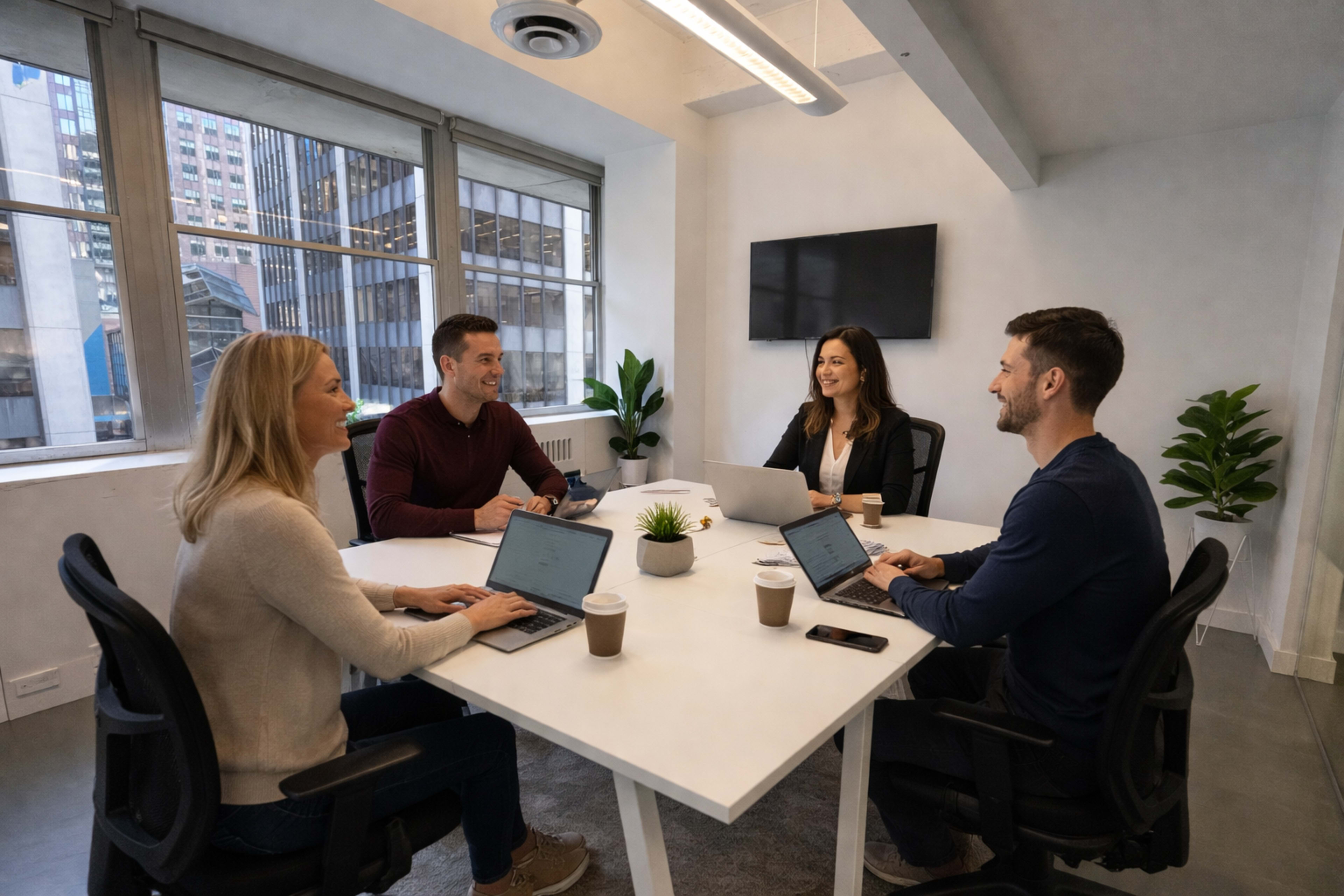 Four professionals are sitting around a table in a modern conference room, collaborating on laptops with coffee cups nearby.