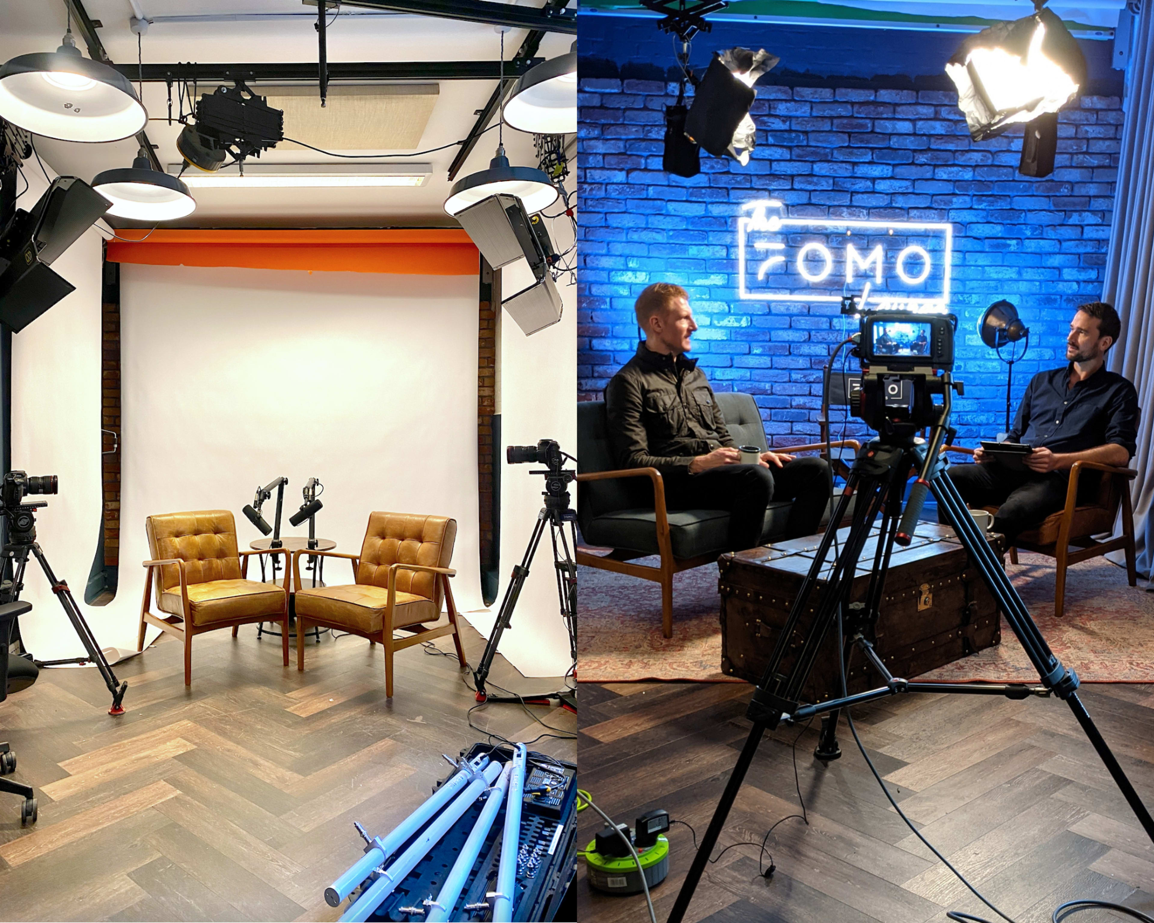 Two separate filming setups: on the left, a minimalistic studio with a white backdrop and two chairs, and on the right, a more styled setting featuring two men seated with cameras and lights aimed at them.