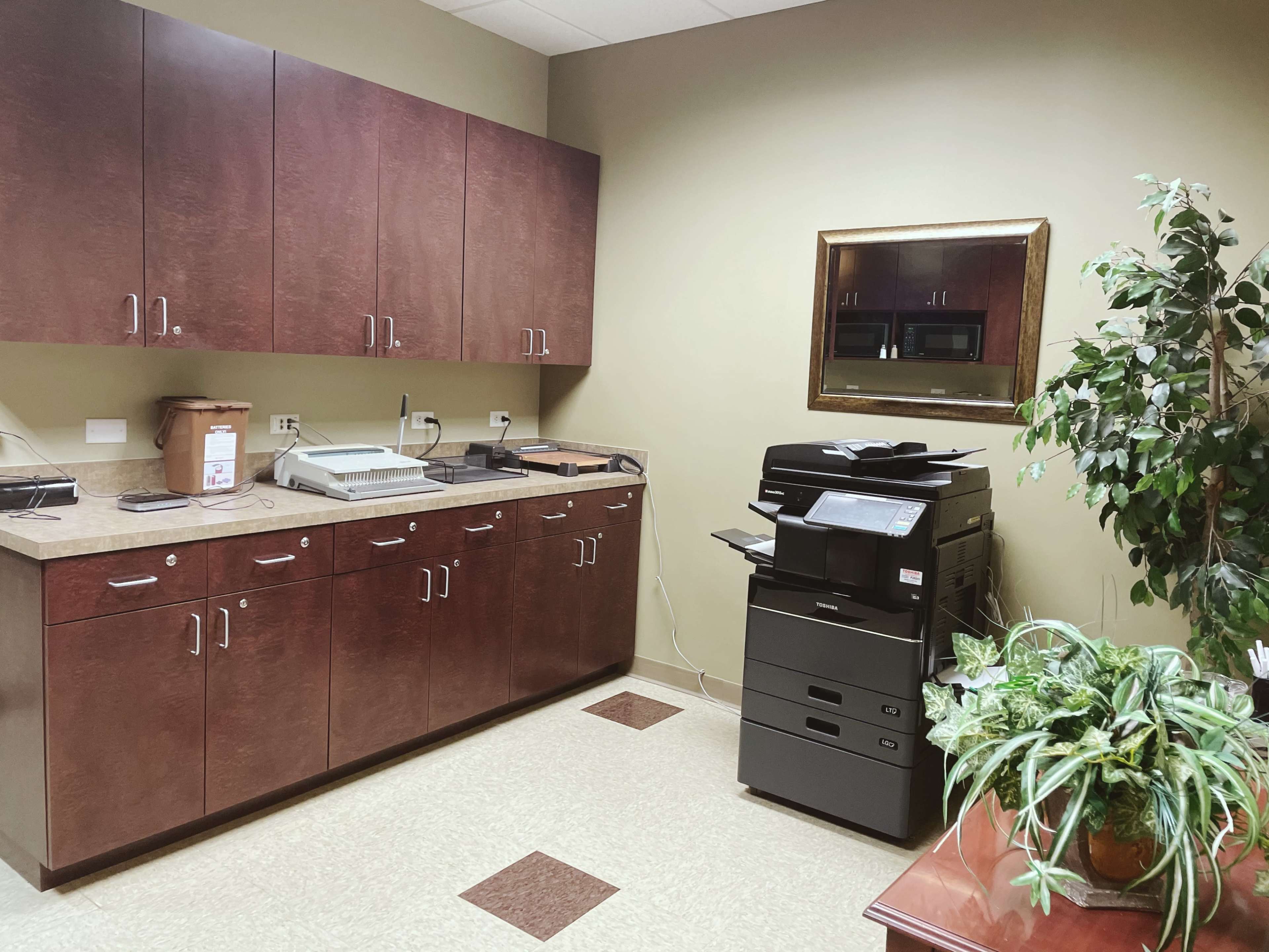 An office space with dark wood cabinets, a multifunction printer, and a potted plant in the corner.