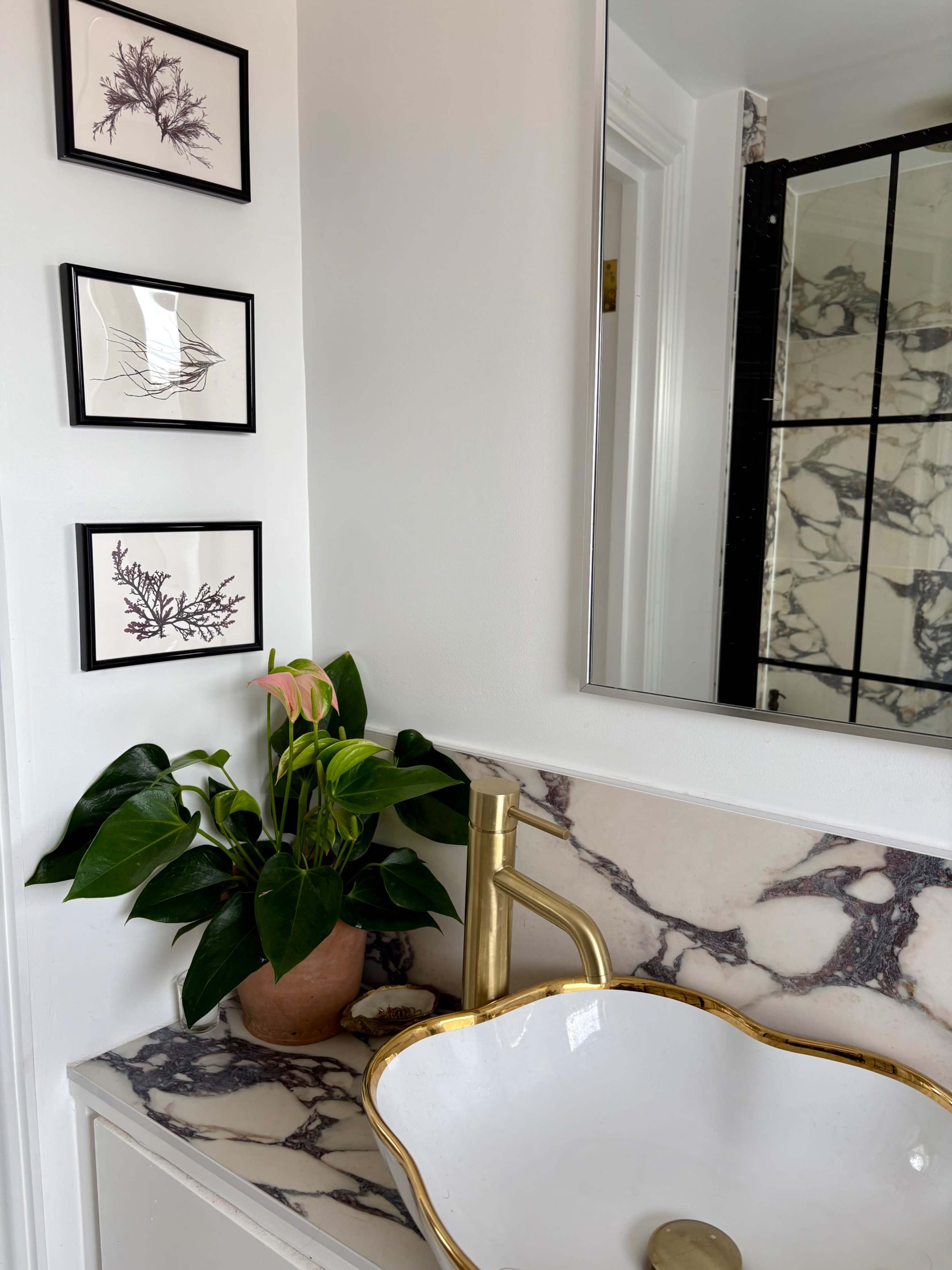 The image shows a bathroom sink area featuring a decorative marble countertop, a sleek gold faucet, a potted green plant, and three framed botanical prints on the wall.
