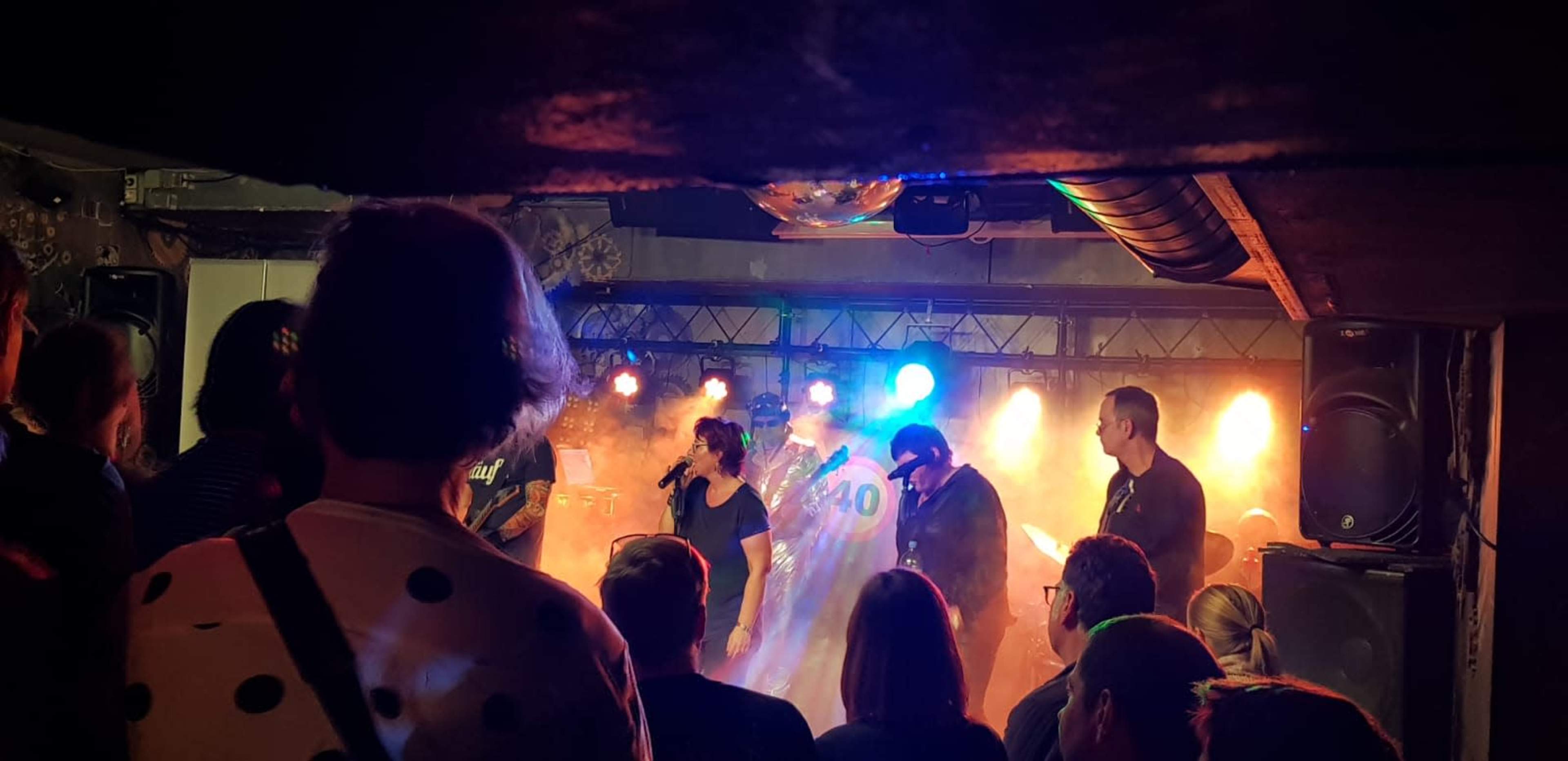 A crowd of people watches a live music performance on a dimly lit stage with colorful lights and fog.