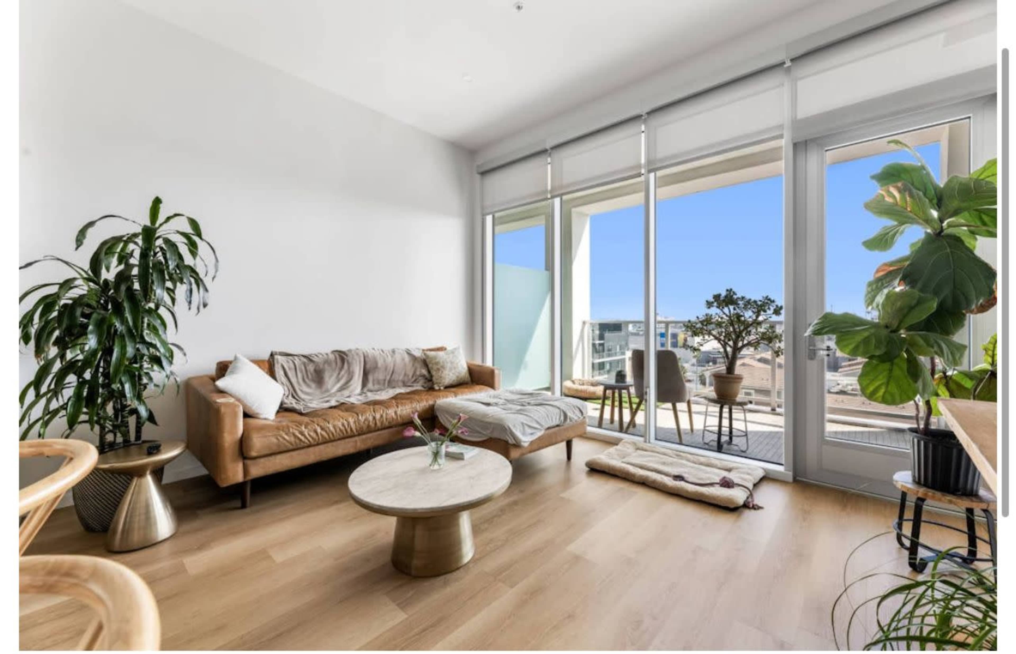 The image shows a modern living room with a brown leather sofa, a round coffee table, and large windows offering a view of an outdoor area, complemented by indoor plants.