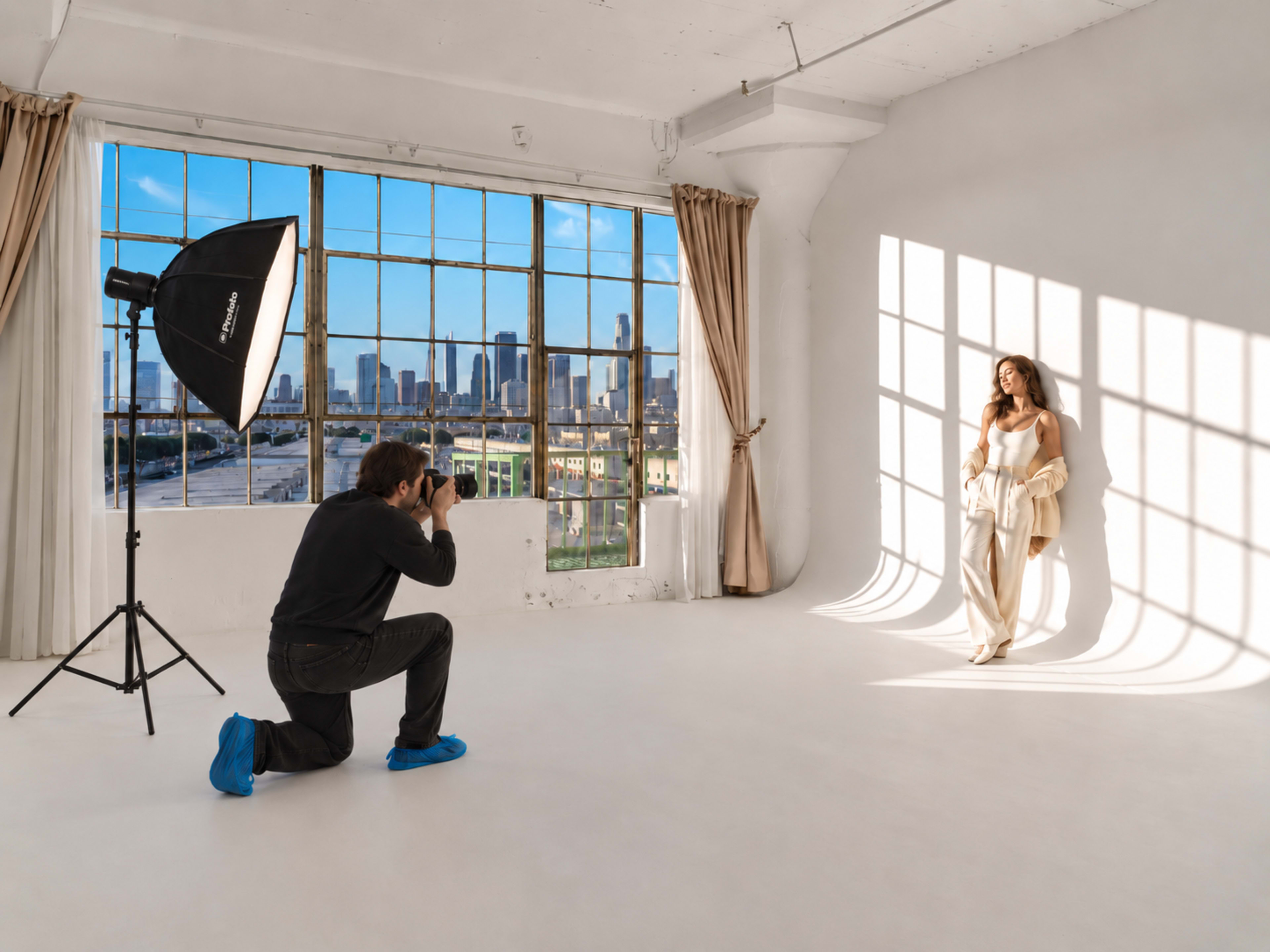 A photographer kneels on the floor, capturing a model posing in front of large window panes that showcase a city skyline.