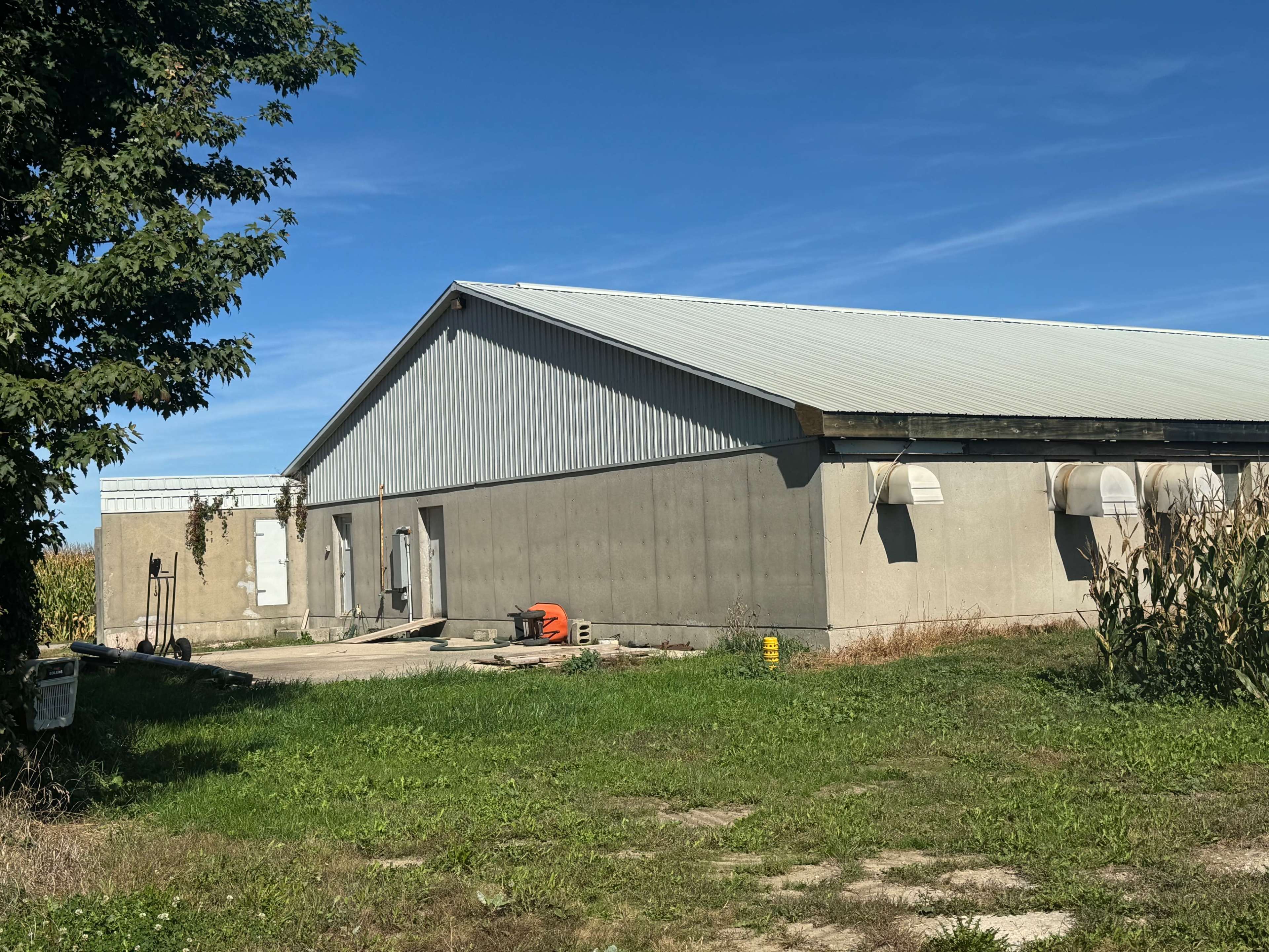 A gray barn with a metal roof is situated next to a grassy area and trees under a blue sky.