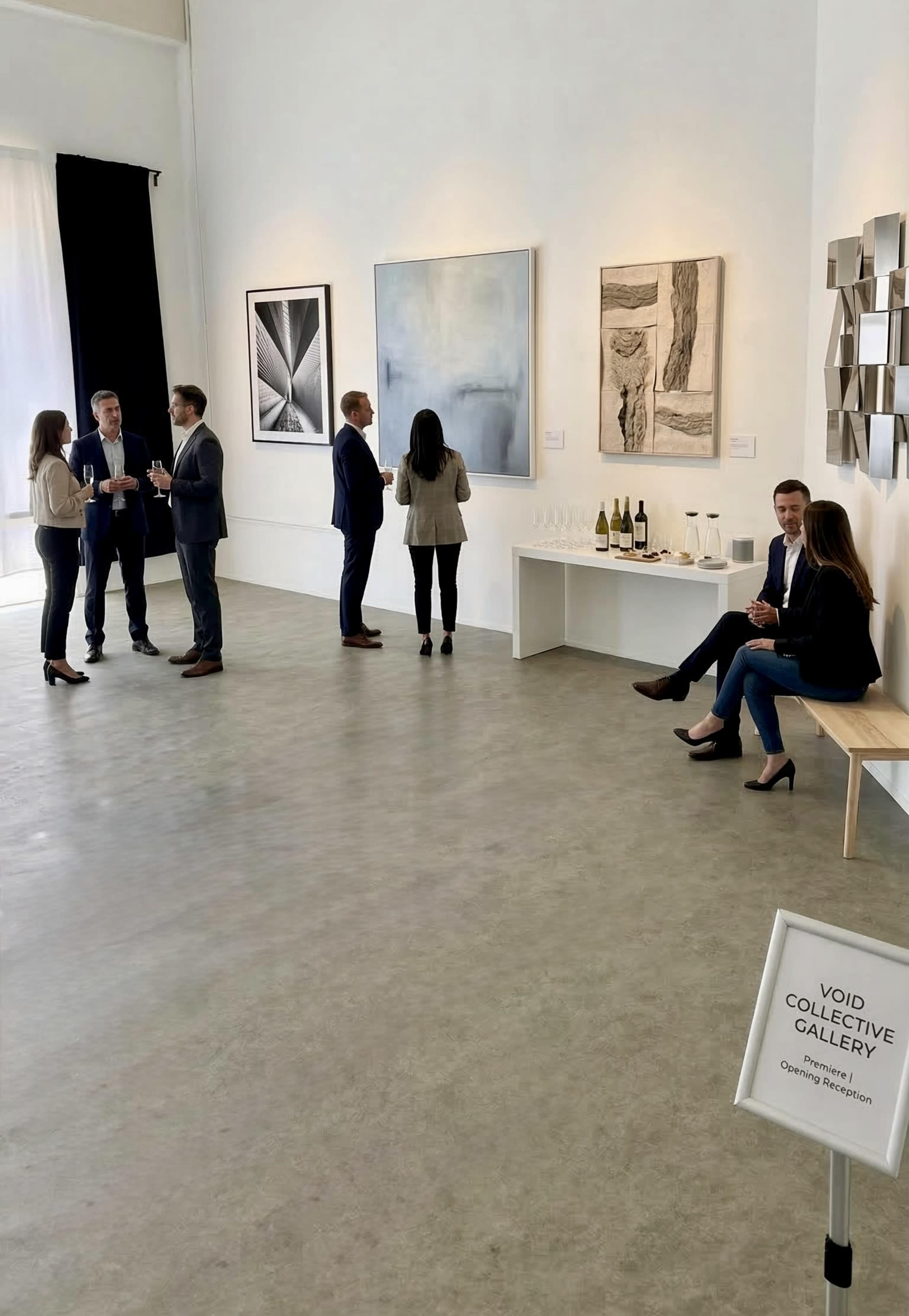 A group of people mingles in a modern art gallery with several abstract paintings displayed on the walls.