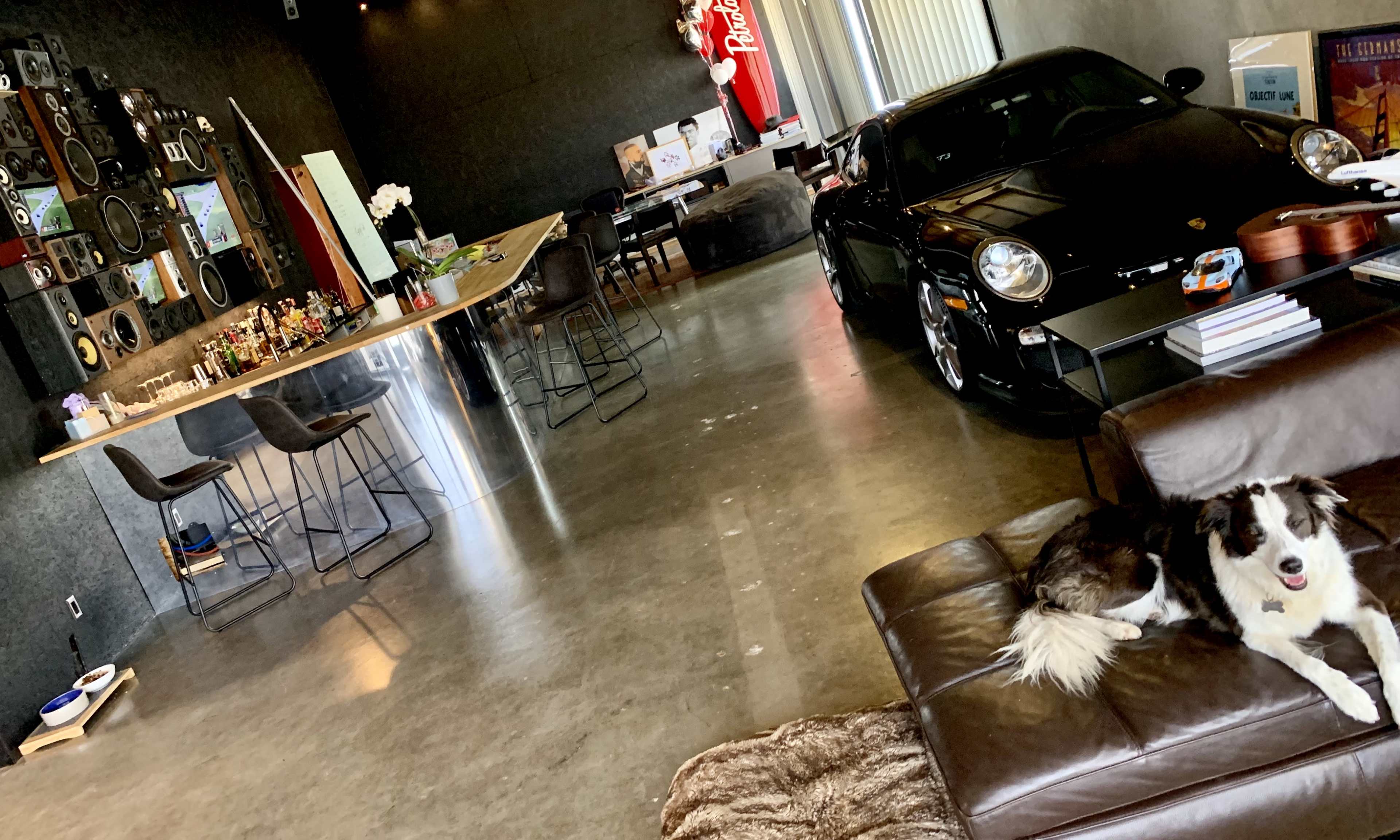 A modern, spacious room features a sleek black car, a stylish bar area with seating, and a brown dog resting on a leather couch.