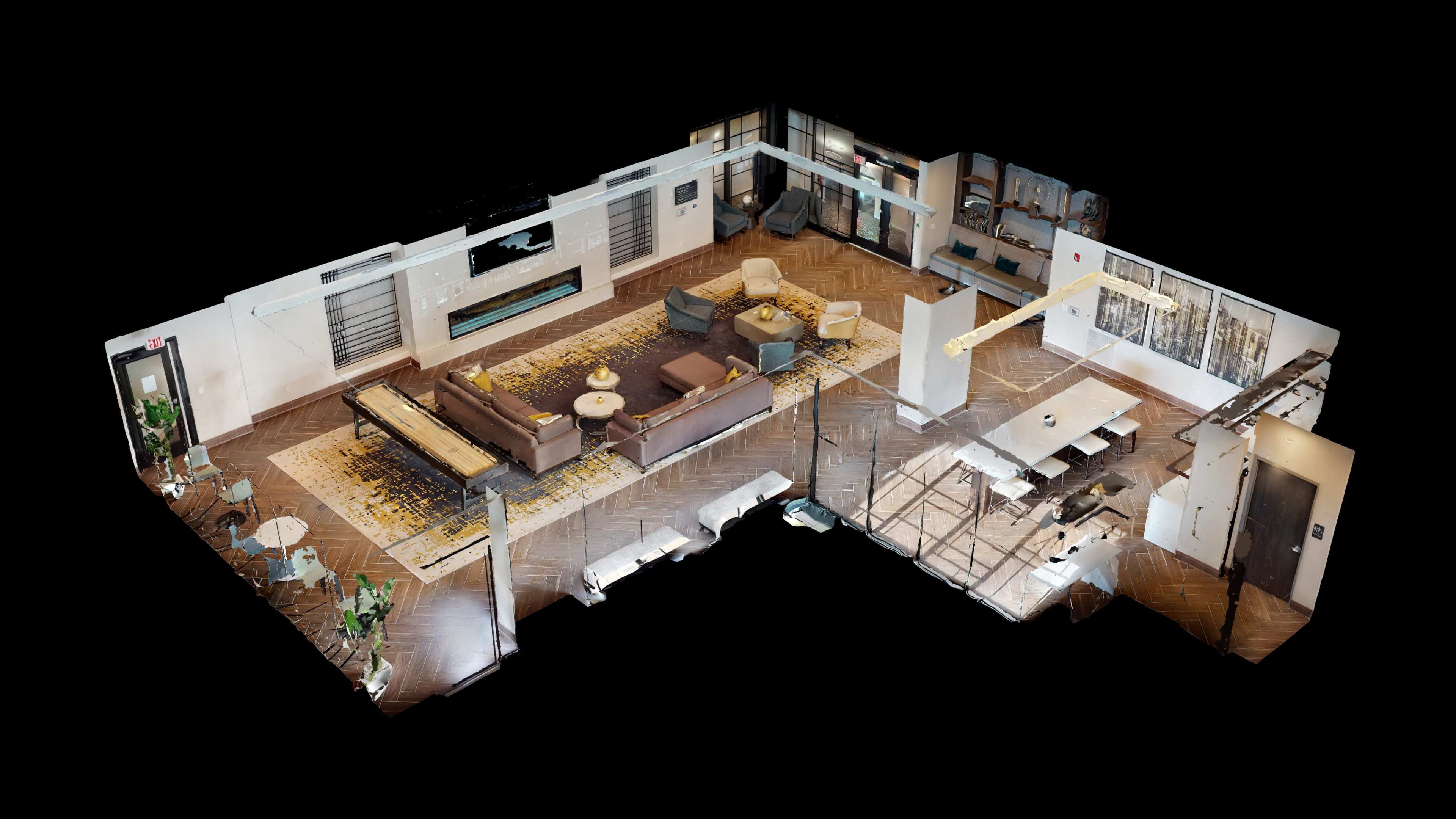 The image displays a 3D floor plan of a spacious living area featuring a seating arrangement, dining table, and large windows.