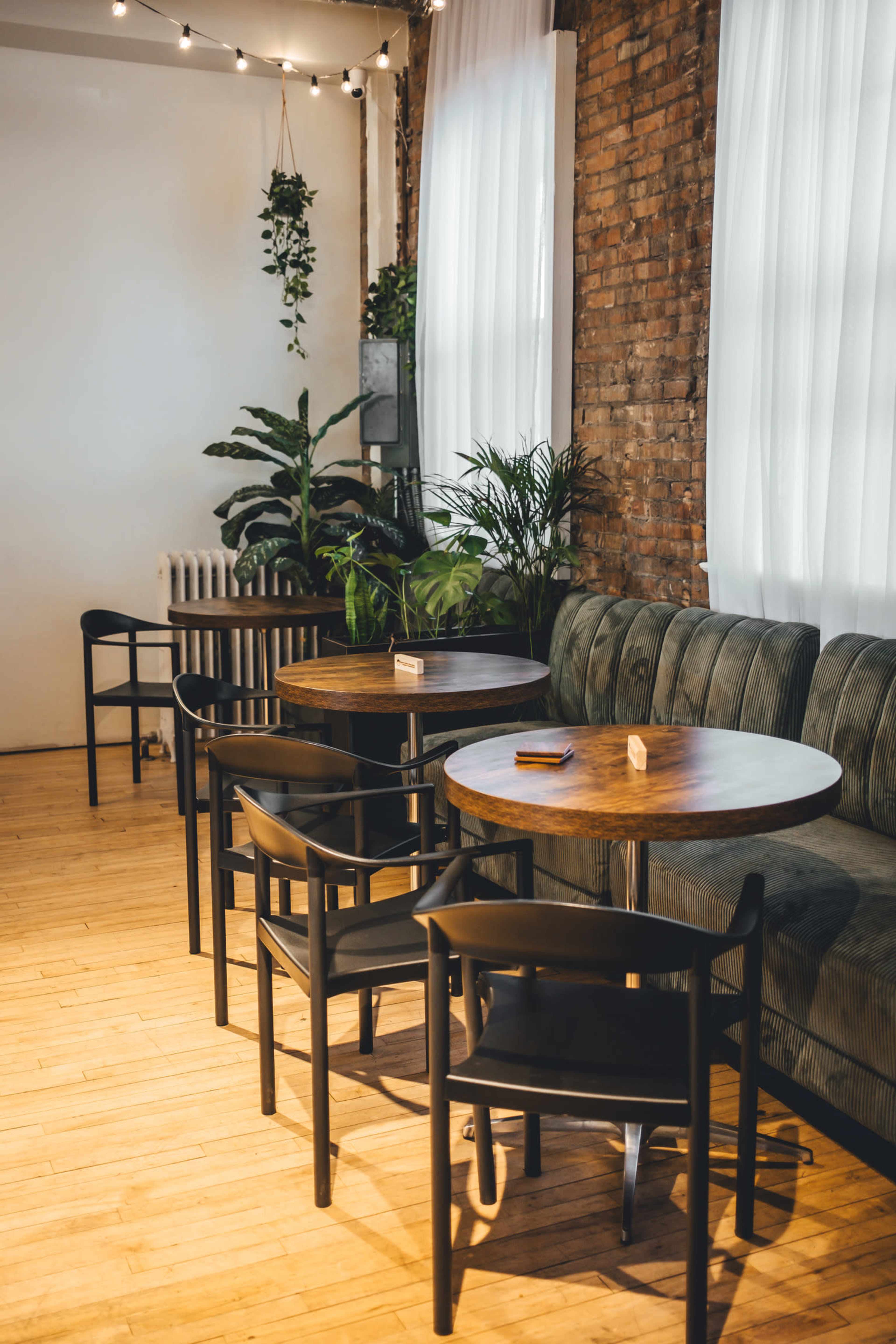 The image shows a cozy cafe interior with wooden tables, black chairs, and a green sofa, surrounded by potted plants against a brick wall.