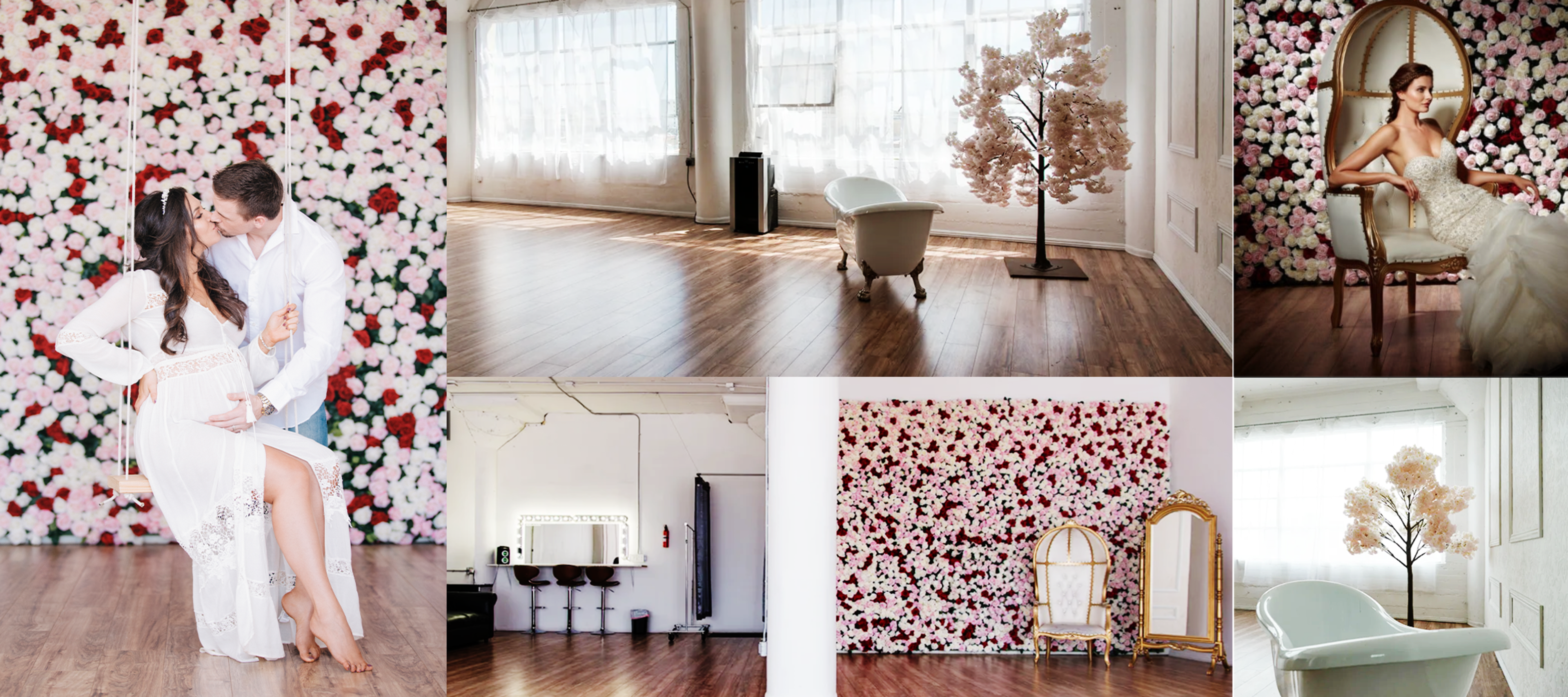 A bright, spacious studio adorned with a floral backdrop, showcasing a couple posing together, elegant furnishings, and a decorative tree.