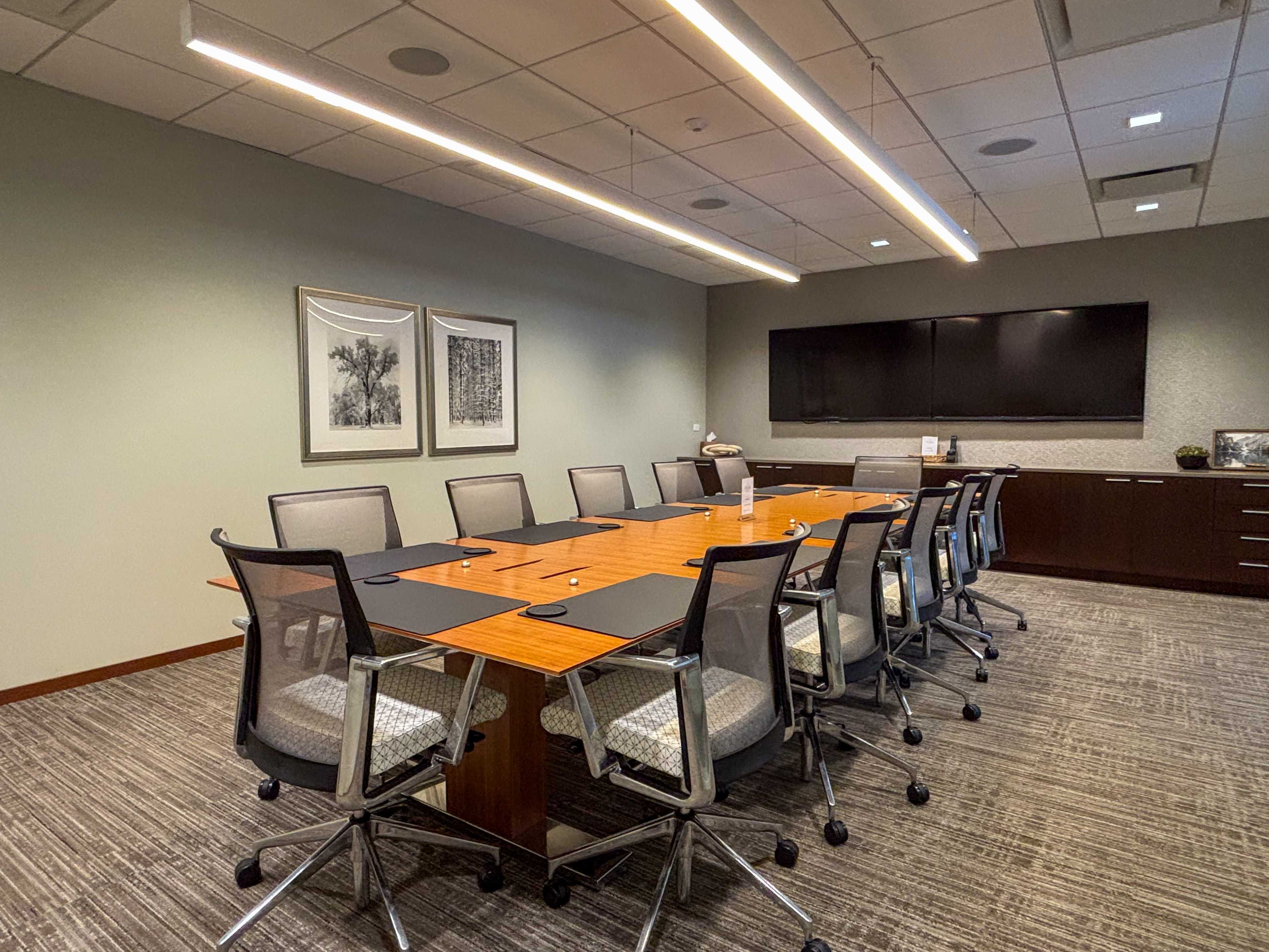 The image shows a modern conference room with a large wooden table, twelve ergonomic chairs, and a wall-mounted TV.