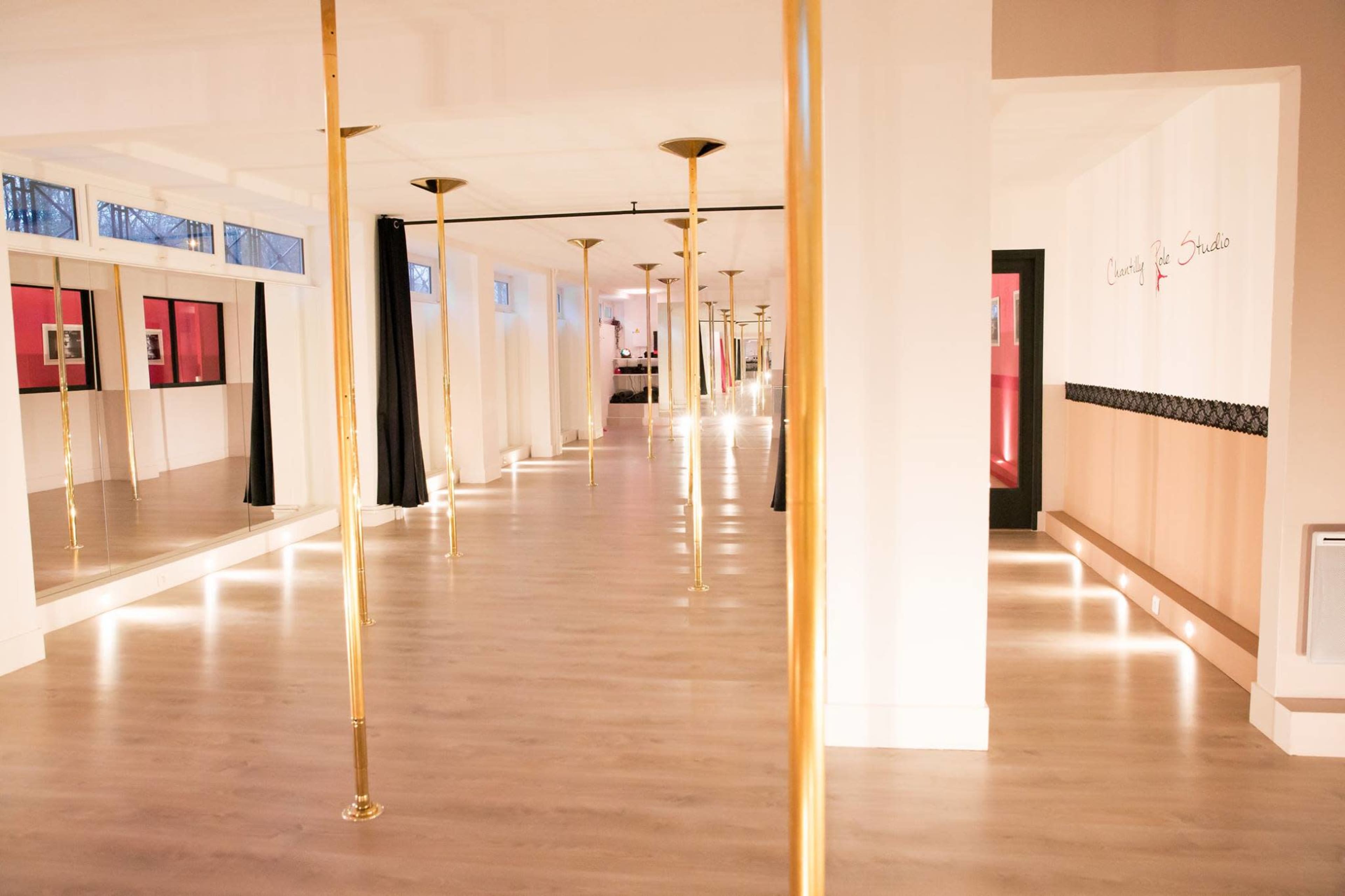 A spacious studio with polished wooden floors, tall mirrored walls, and golden pole fixtures evenly spaced along the side.