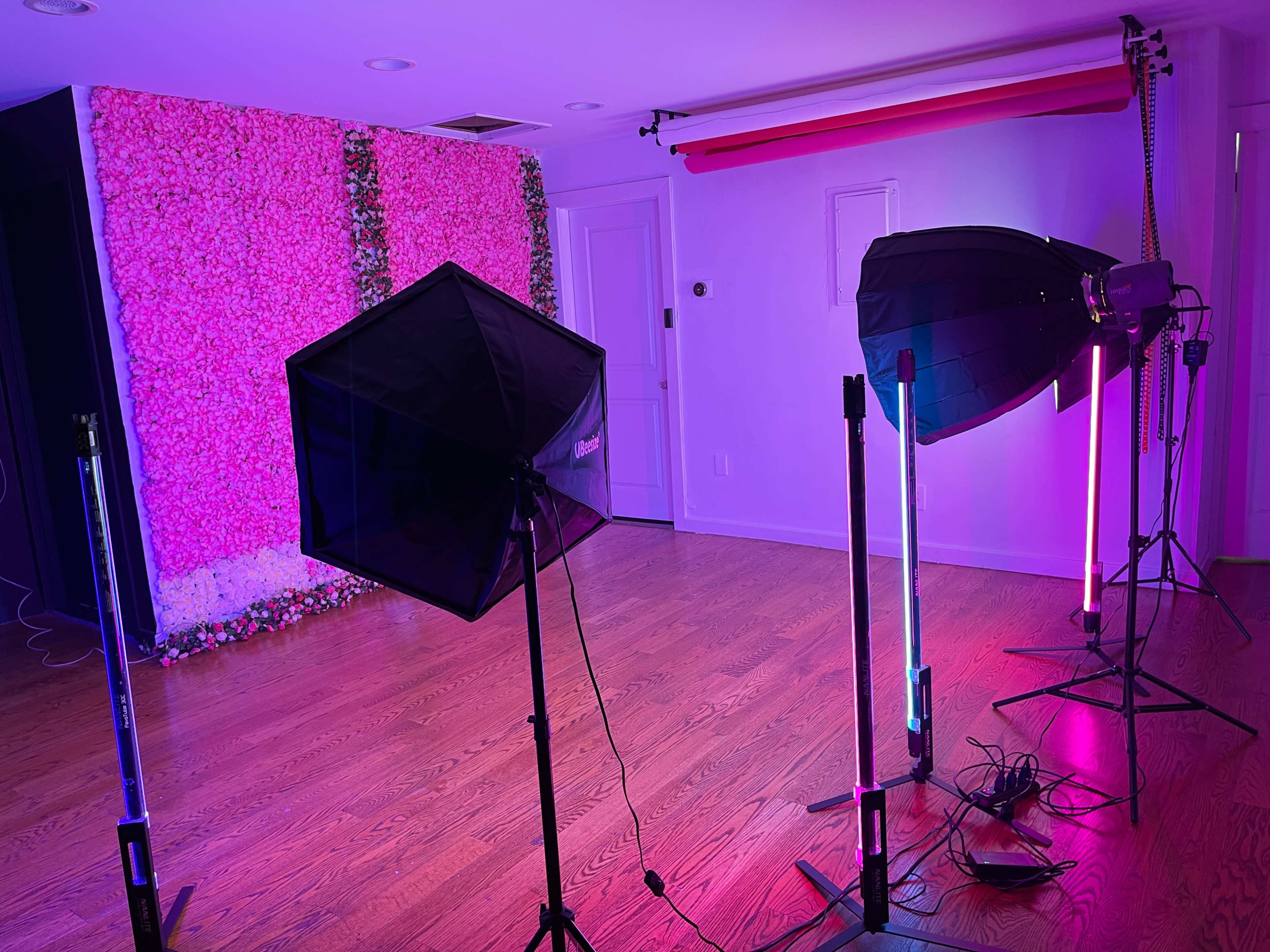 A photography studio setup with a floral backdrop, softbox lights, and neon lighting fixtures on a wooden floor.